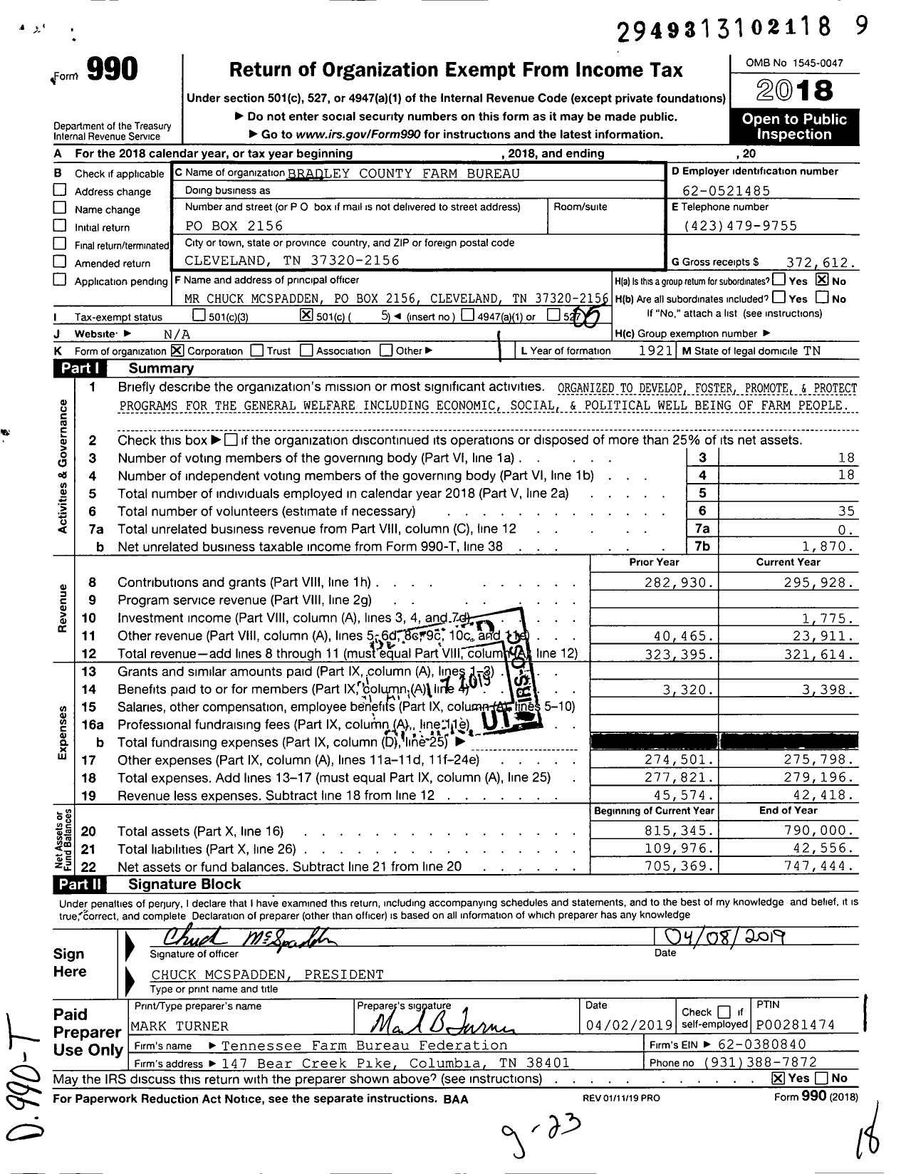 Image of first page of 2018 Form 990O for Bradley County Farm Bureau