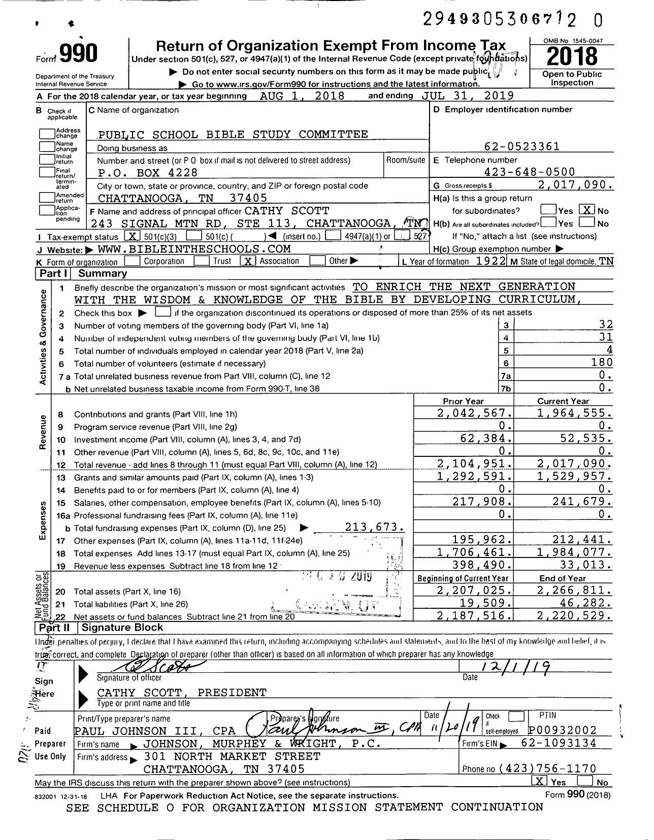 Image of first page of 2018 Form 990 for Bible in the Schools