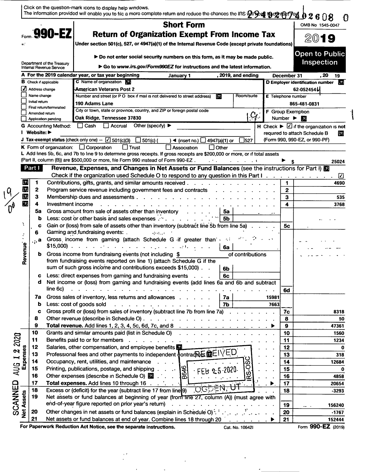 Image of first page of 2019 Form 990EO for Amvets - American Veterans Post 2