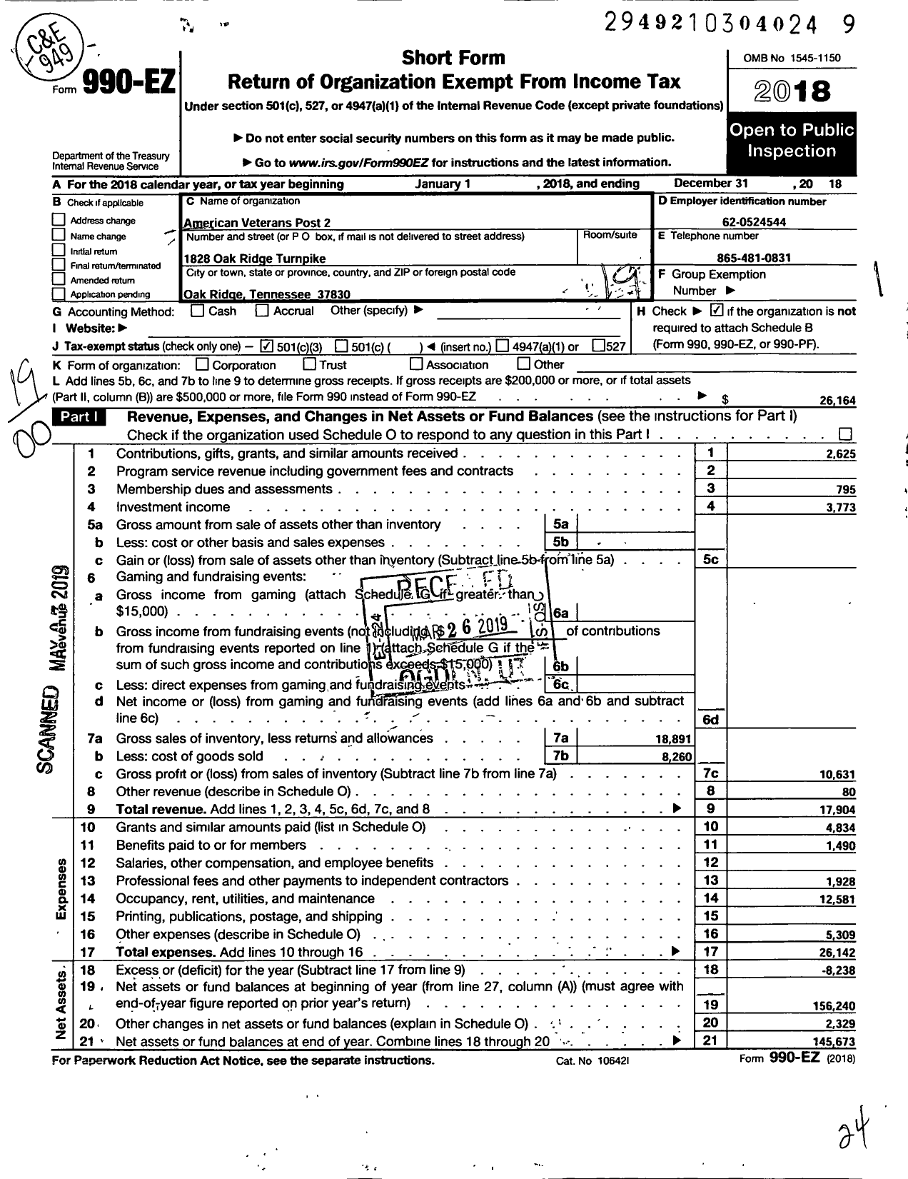 Image of first page of 2018 Form 990EO for Amvets - American Veterans Post 2