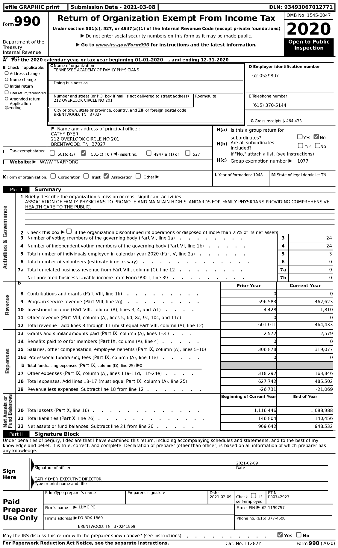 Image of first page of 2020 Form 990 for American Academy of Family Physicians - Tennessee Chapter