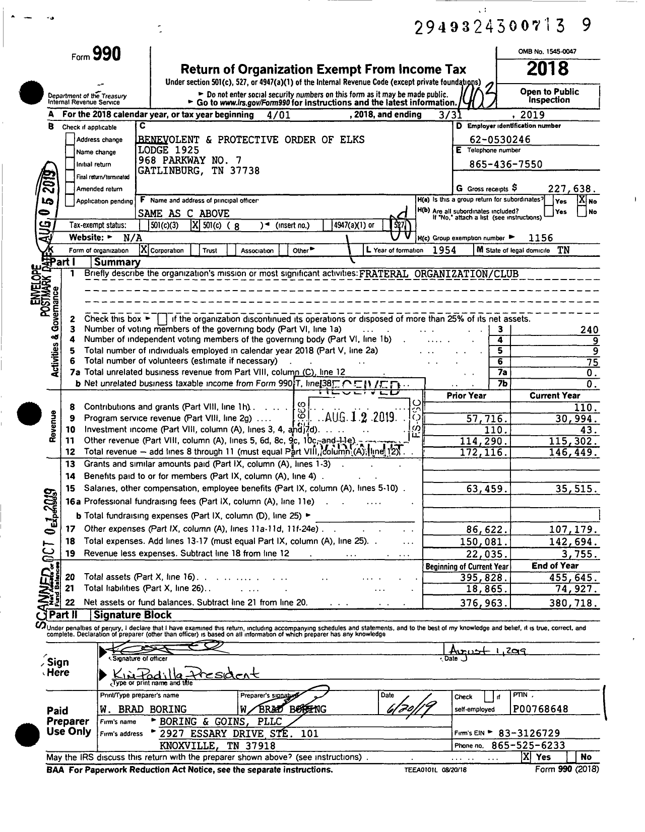 Image of first page of 2018 Form 990O for Benevolent and Protective Order of Elks - 1925 Gatlinburg