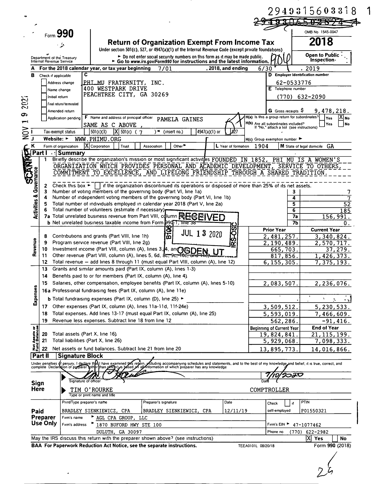 Image of first page of 2018 Form 990O for Phi Mu Fraternity