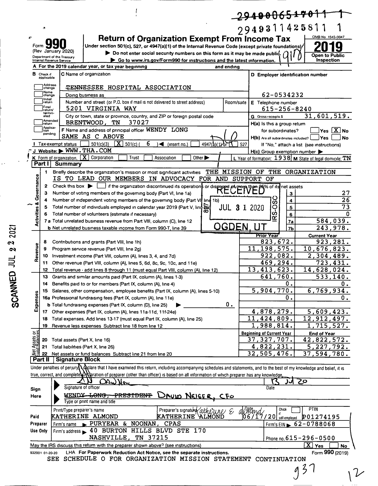 Image of first page of 2019 Form 990O for Tennessee Hospital Association