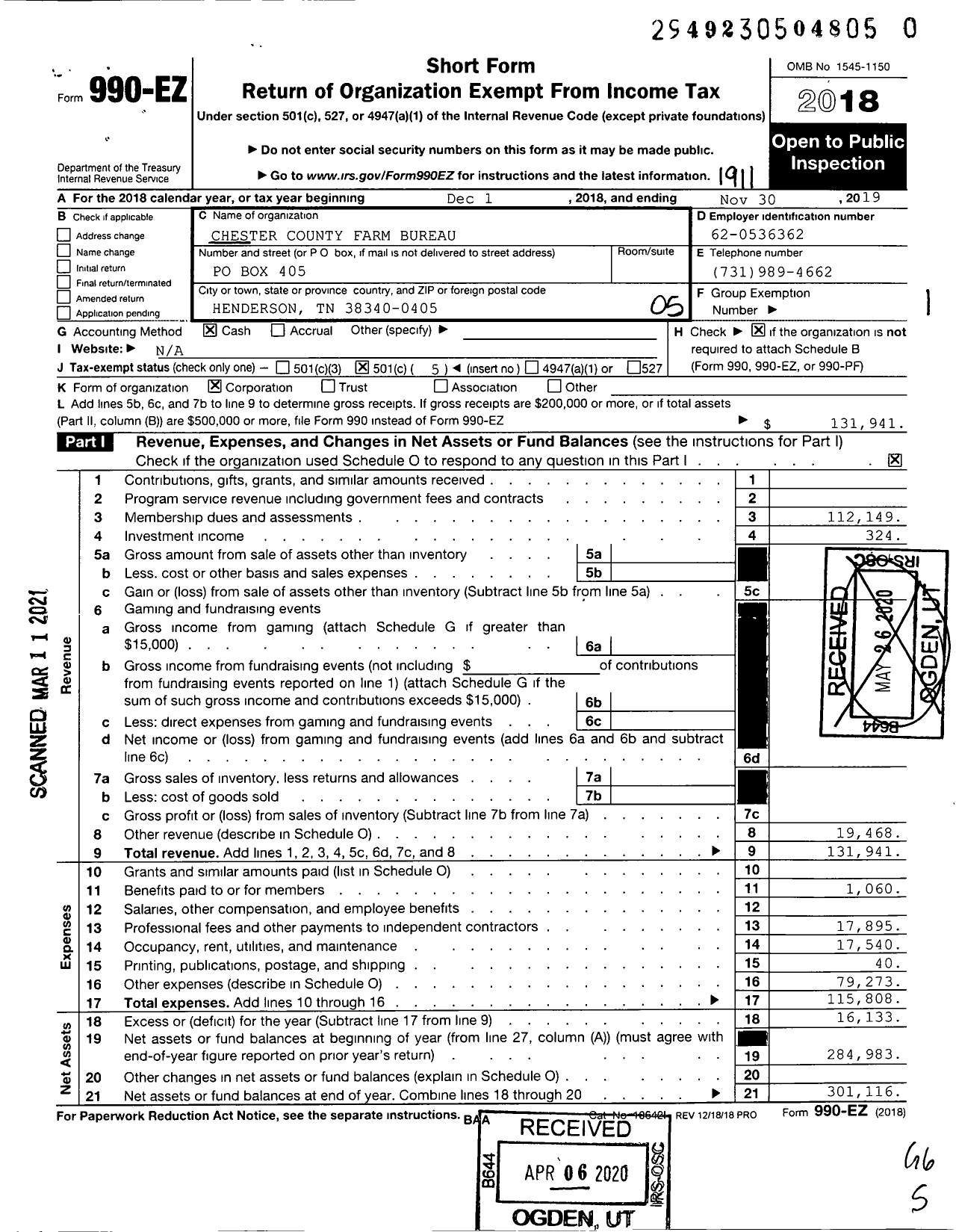 Image of first page of 2018 Form 990EO for Chester County Farm Bureau