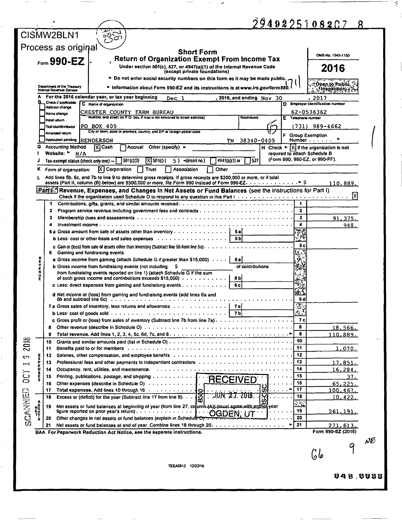 Image of first page of 2016 Form 990EO for Chester County Farm Bureau