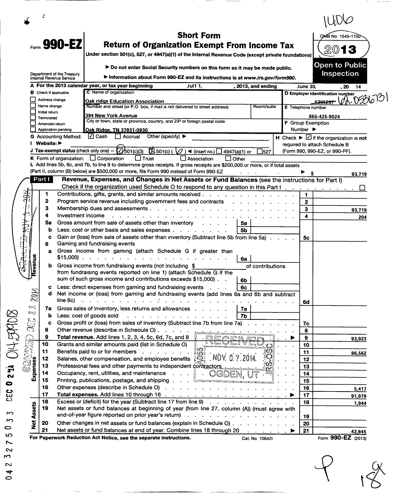 Image of first page of 2013 Form 990EO for Oak Ridge Education Association