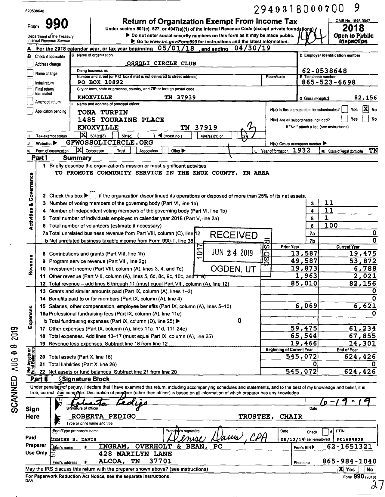 Image of first page of 2018 Form 990 for Ossoli Circle Club