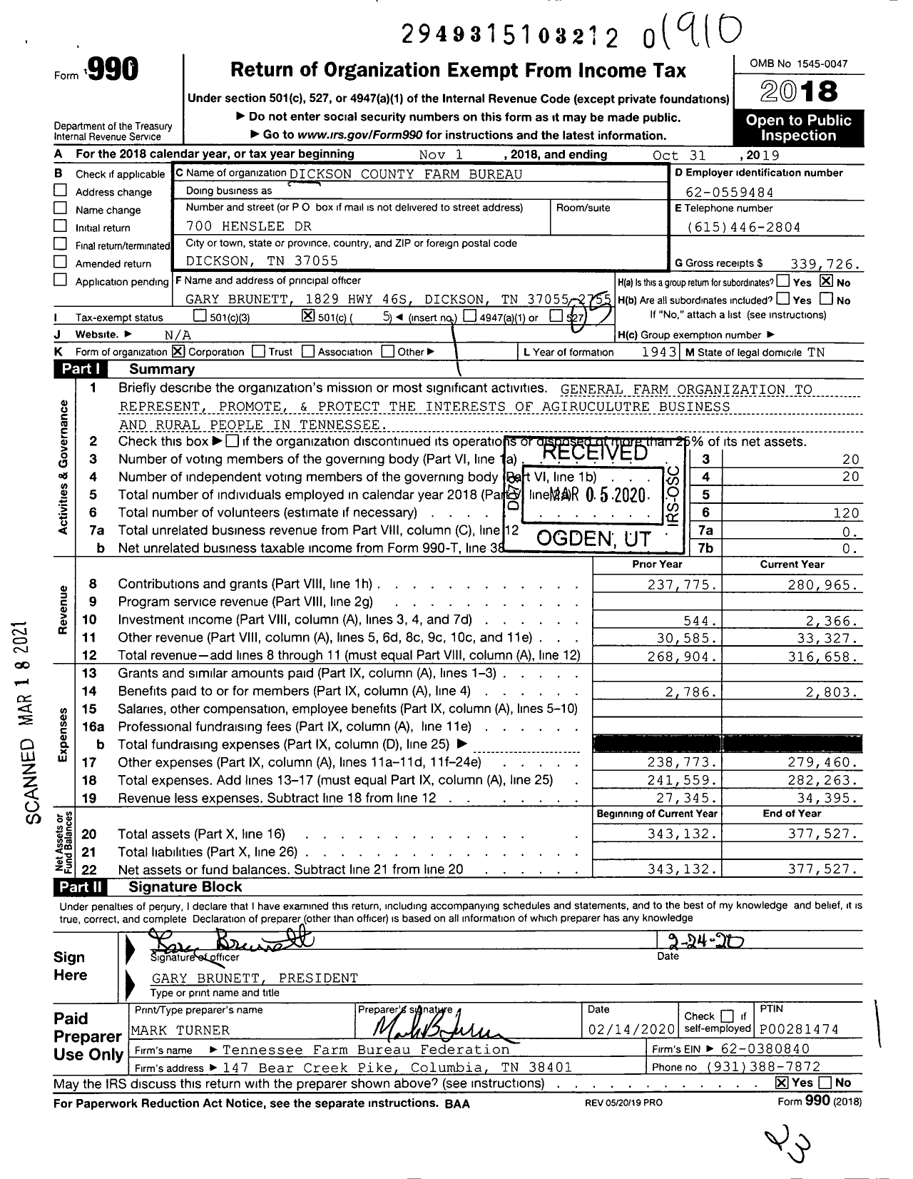 Image of first page of 2018 Form 990O for Dickson County Farm Bureau