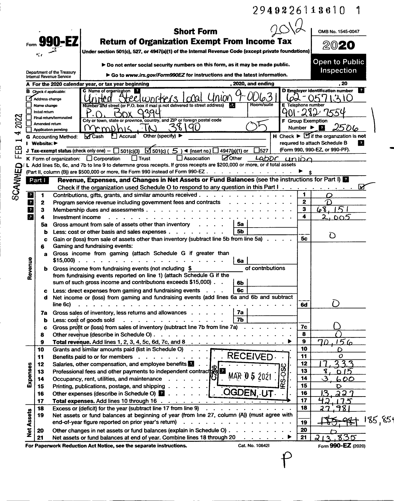 Image of first page of 2020 Form 990EO for United Steelworkers - 9-00631 Local