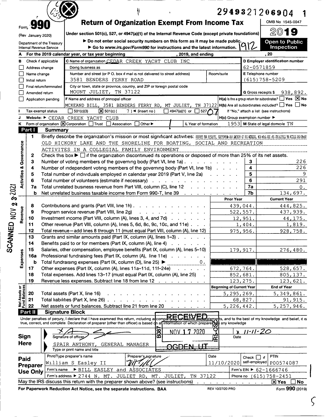 Image of first page of 2019 Form 990O for Cedar Creek Yacht Club