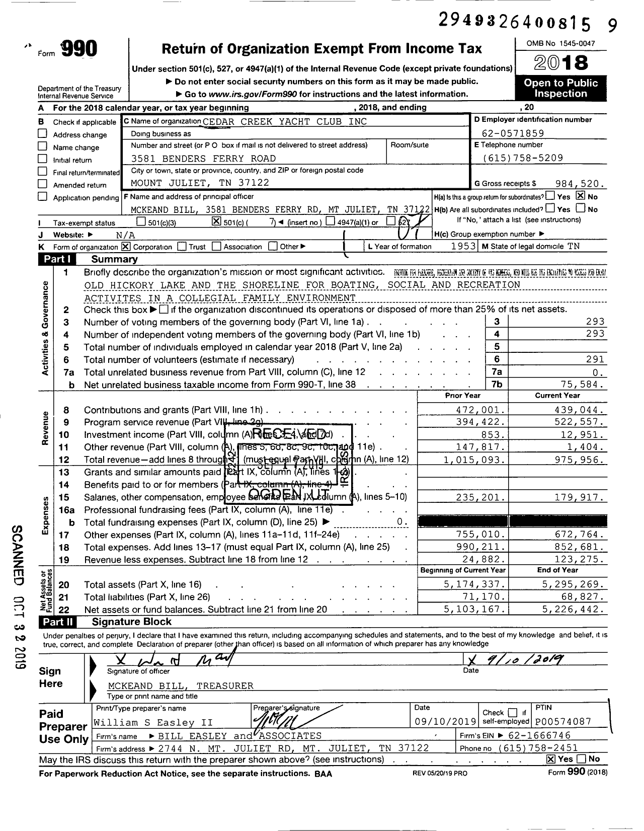 Image of first page of 2018 Form 990O for Cedar Creek Yacht Club