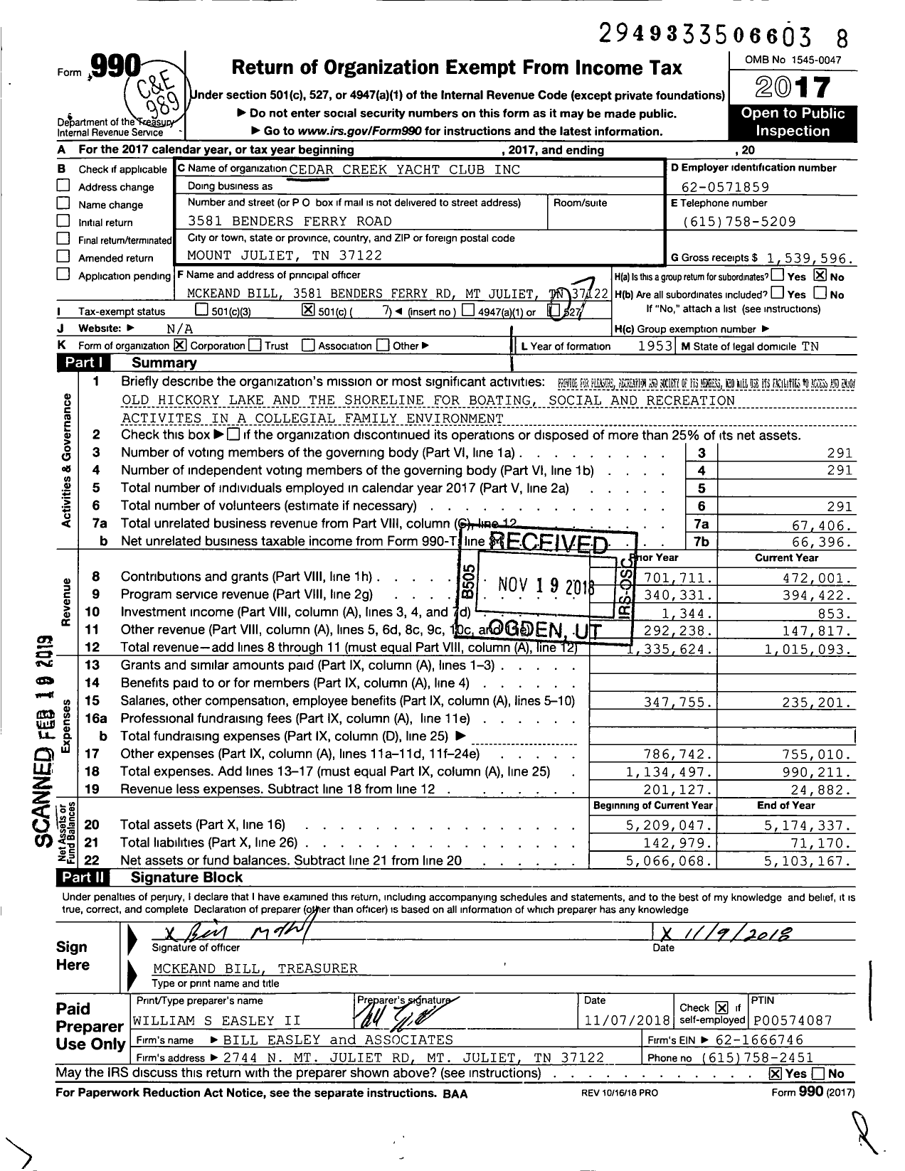Image of first page of 2017 Form 990O for Cedar Creek Yacht Club