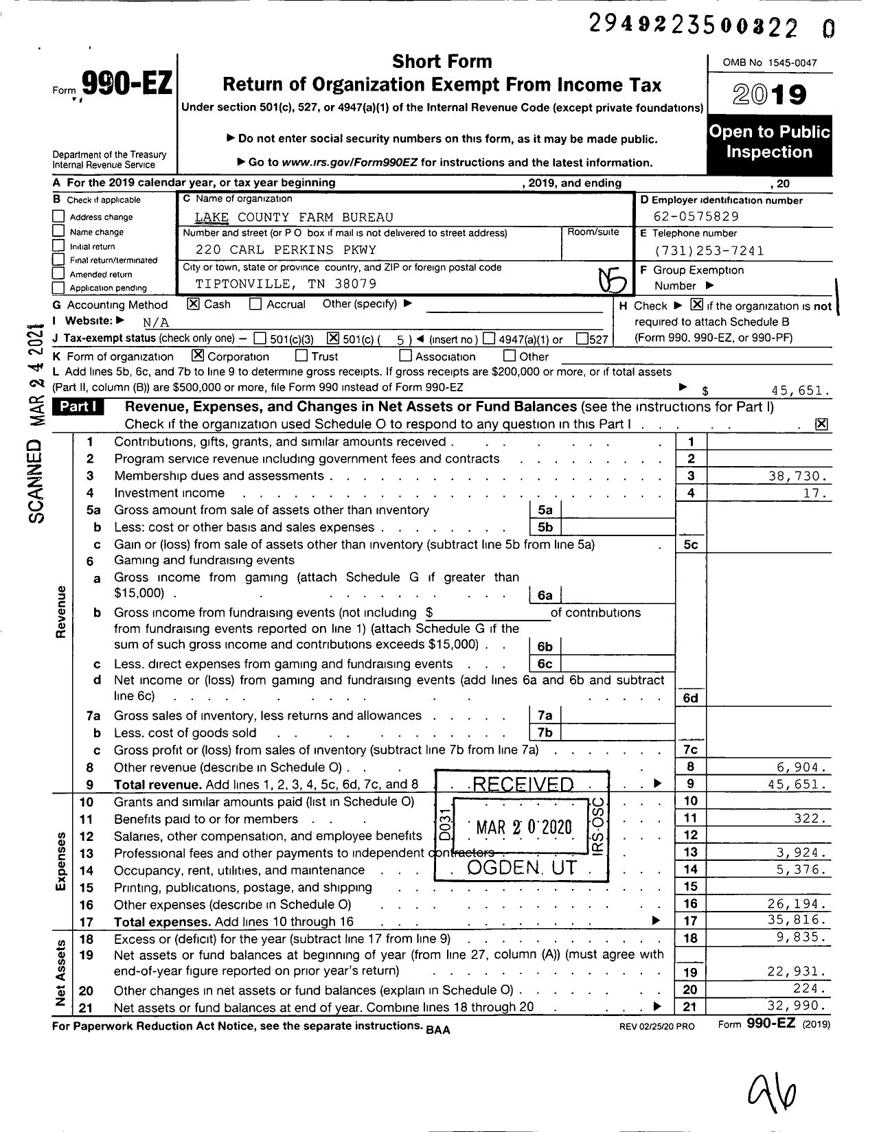 Image of first page of 2019 Form 990EO for Lake County Farm Bureau