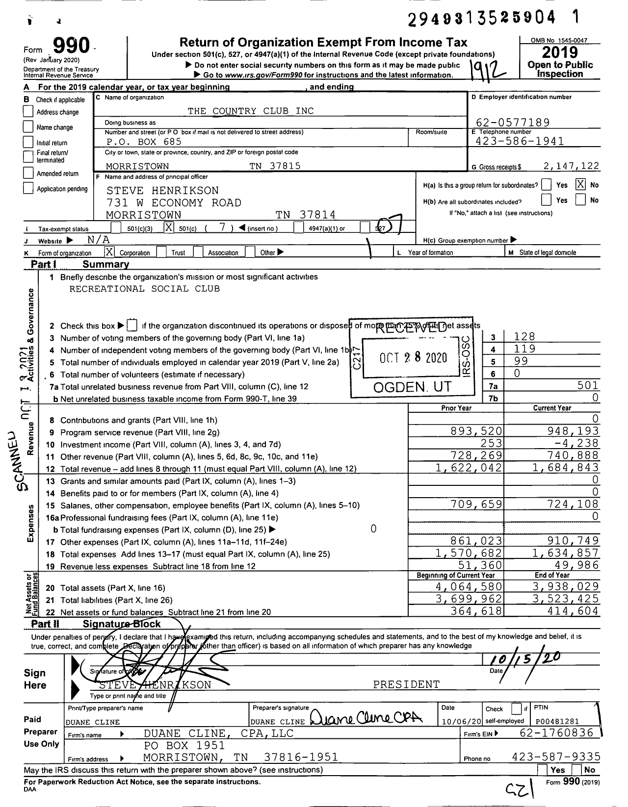 Image of first page of 2019 Form 990O for The Country Club