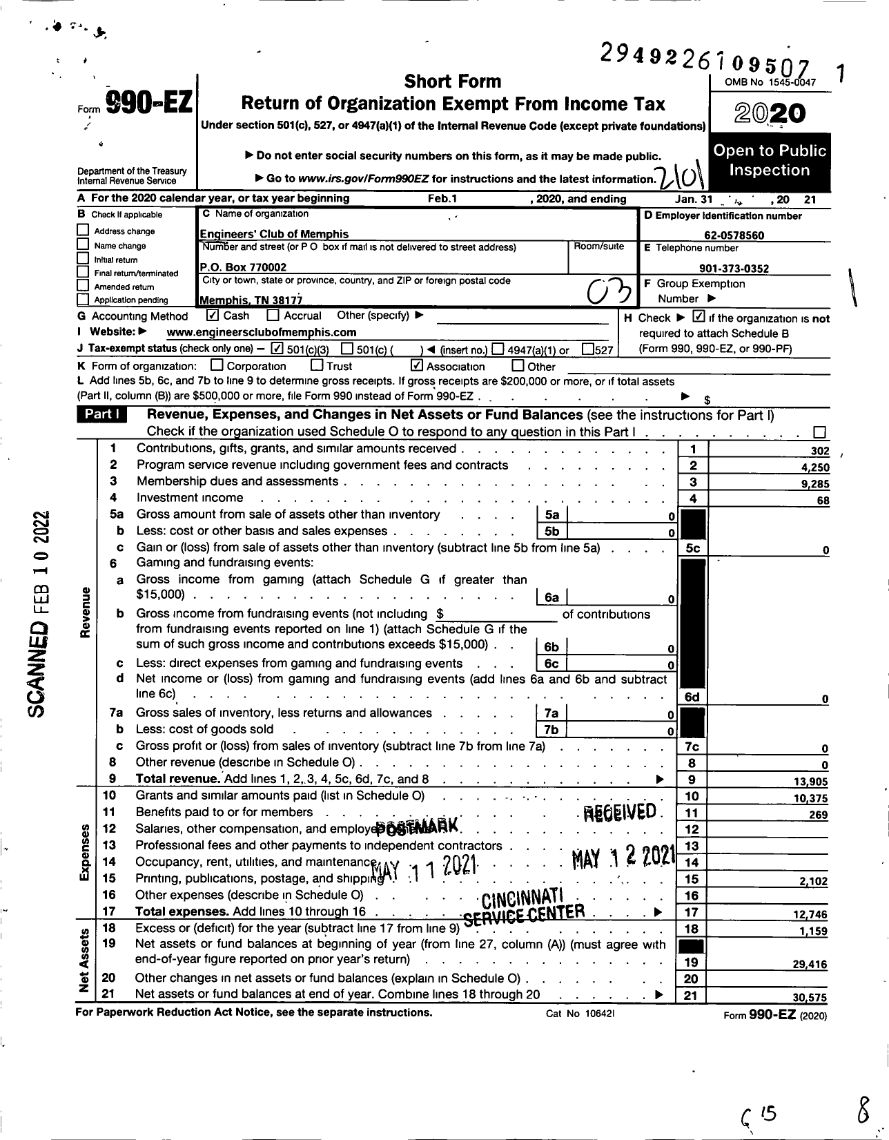 Image of first page of 2020 Form 990EZ for Engineers Club of Memphis