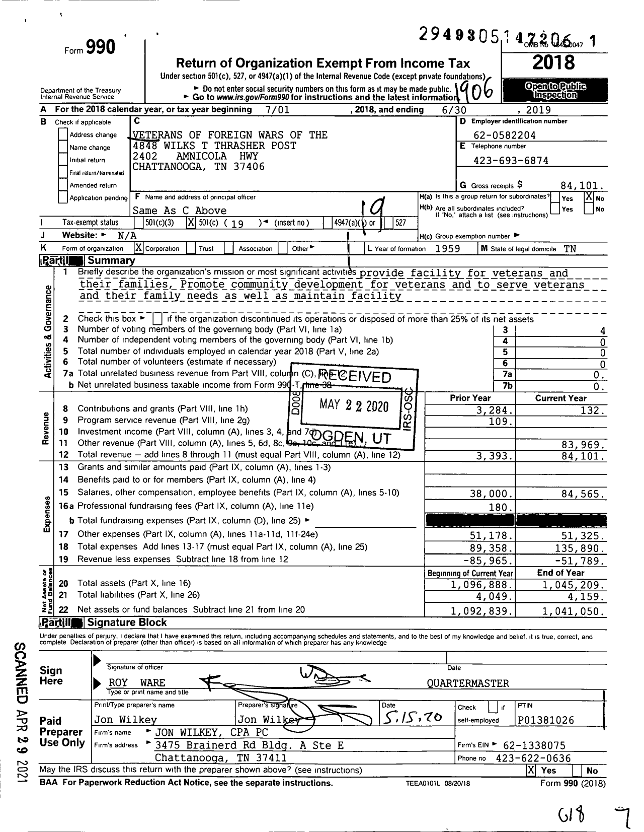 Image of first page of 2018 Form 990O for Veterans of Foreign Wars of the Untied States Dept of Tennessee - 4848 Wilkes T Thrasher Post