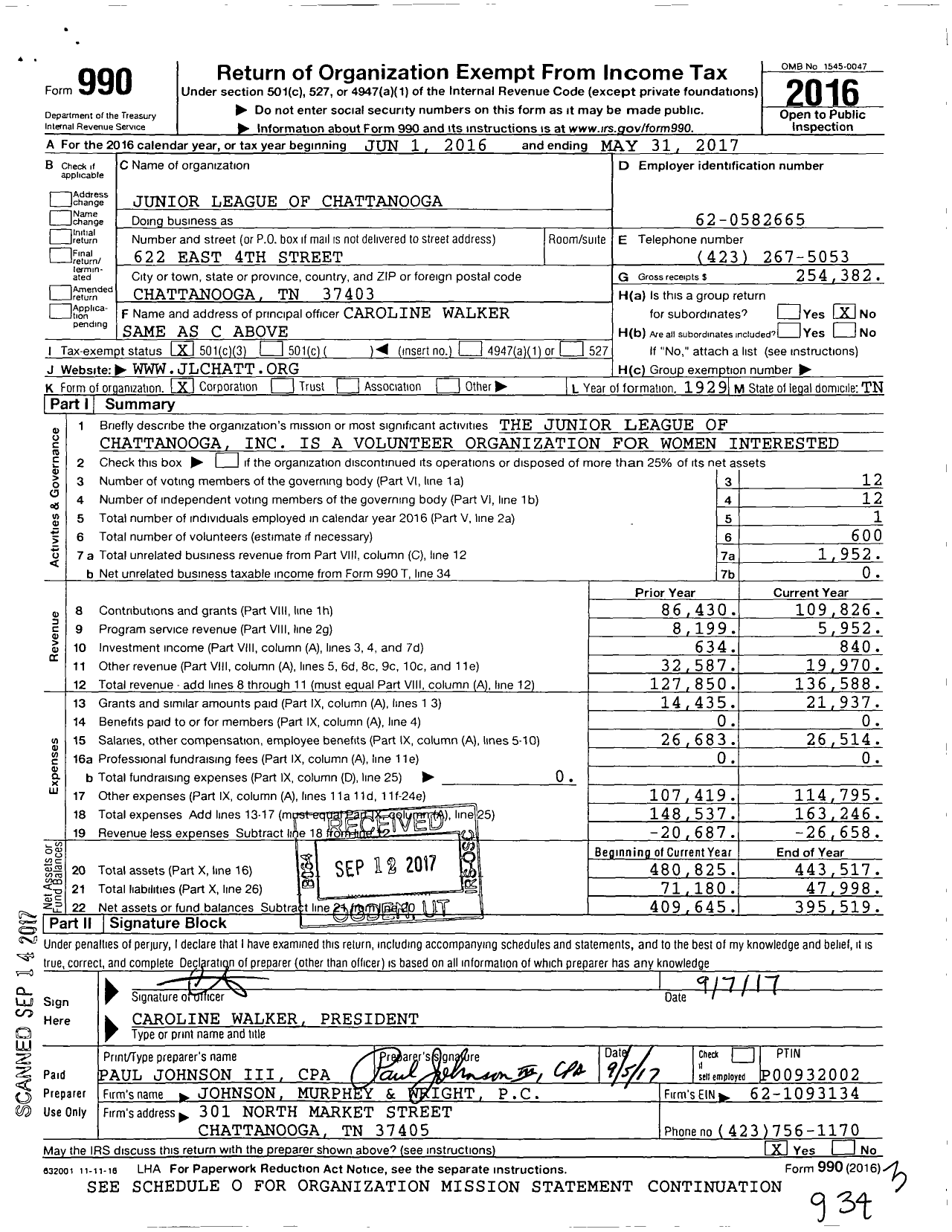 Image of first page of 2016 Form 990 for Junior League of Chattanooga