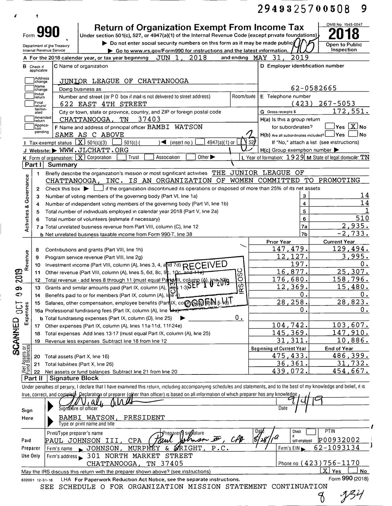 Image of first page of 2018 Form 990 for Junior League of Chattanooga