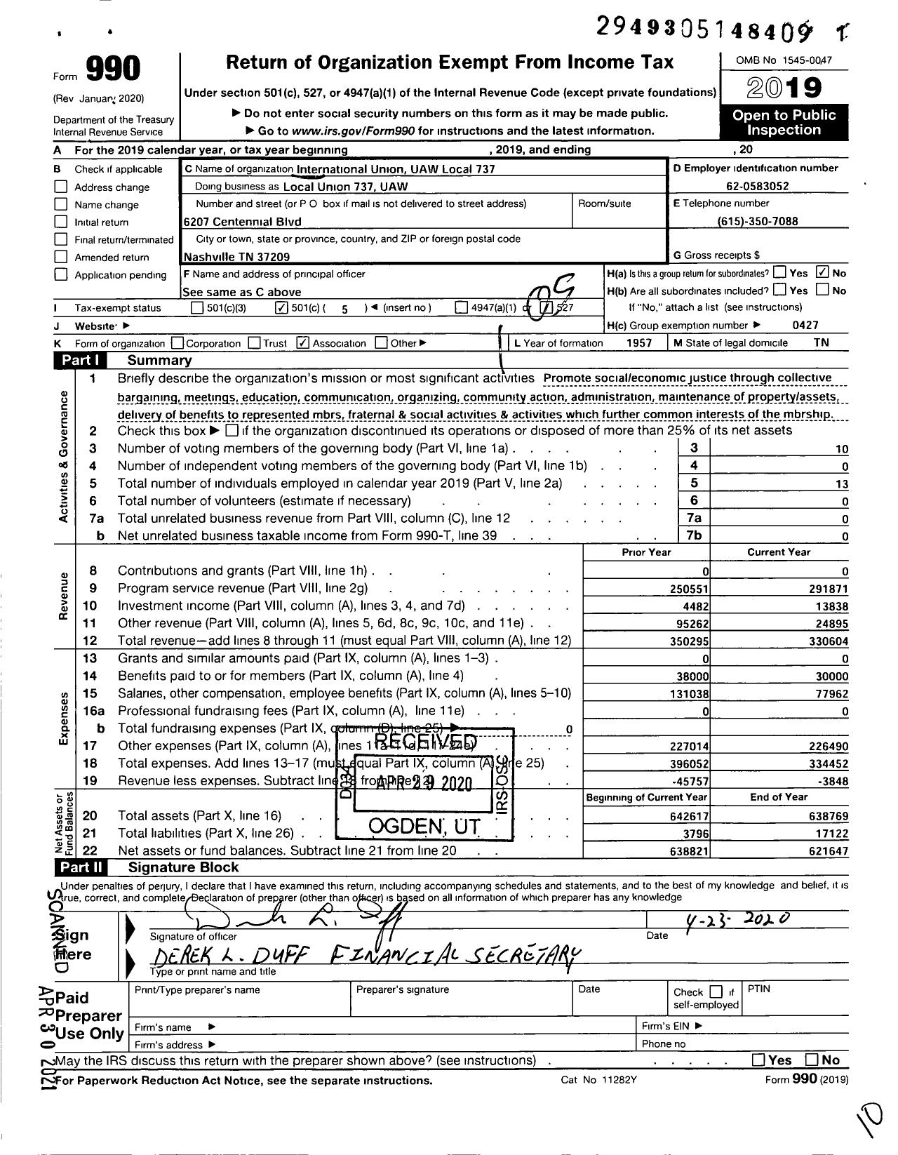 Image of first page of 2019 Form 990O for UAW - International Union UAW Local 737