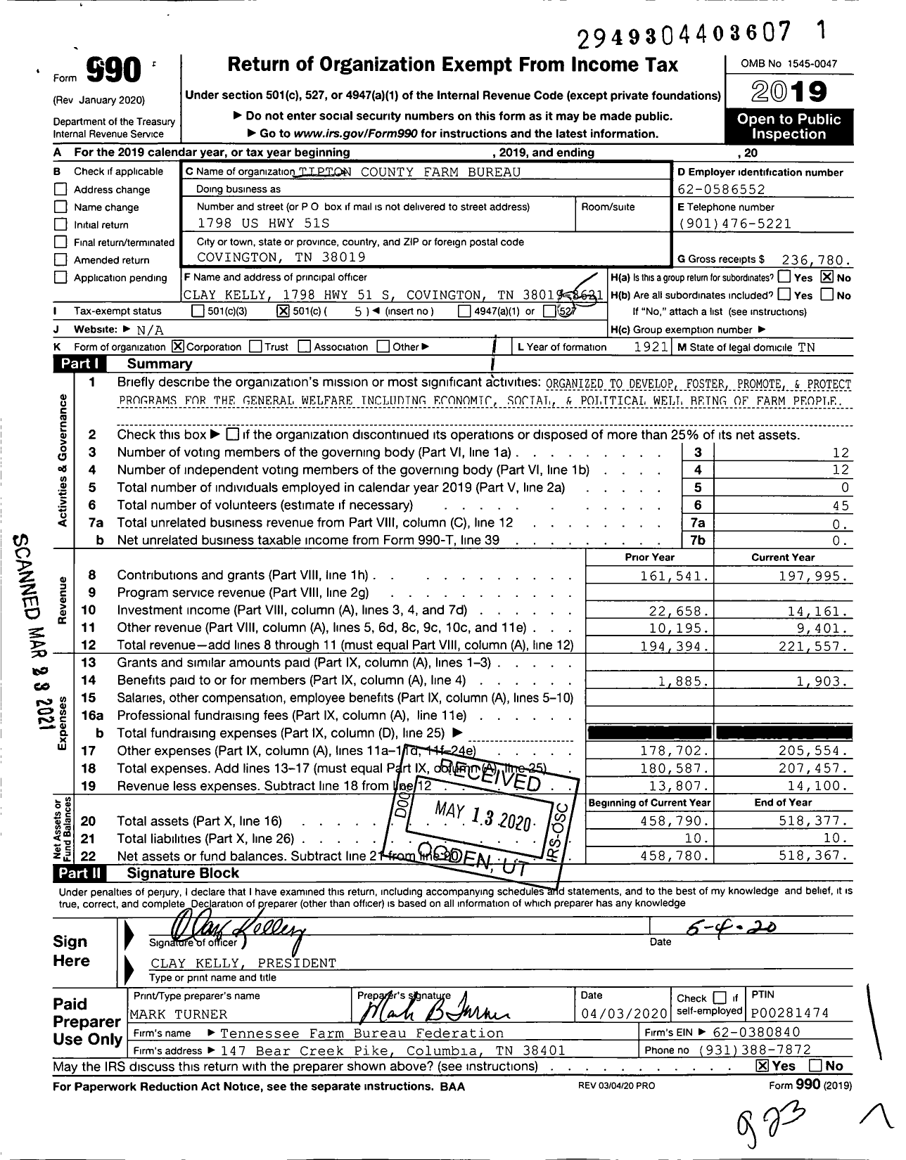 Image of first page of 2019 Form 990O for Tipton County Farm Bureau