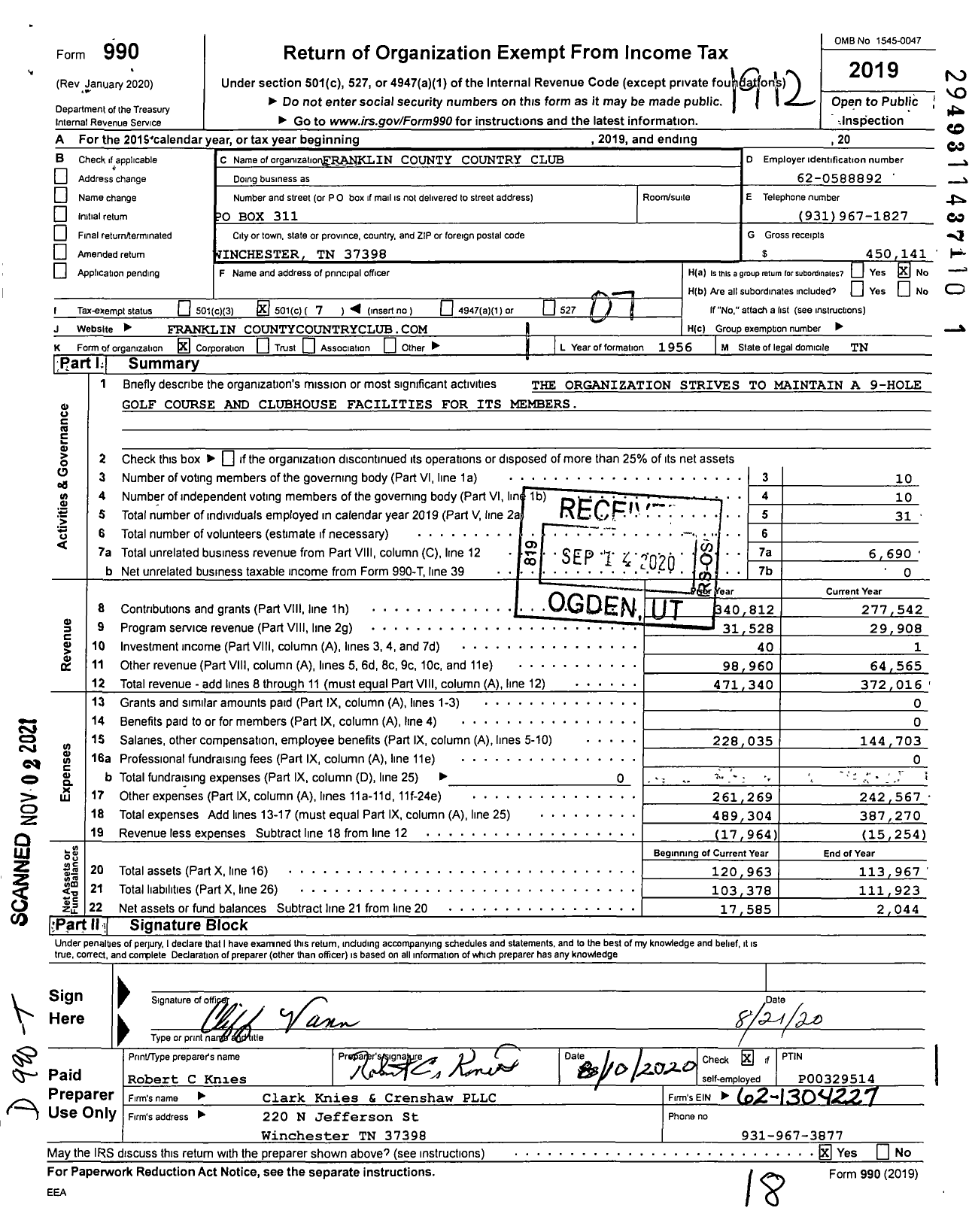 Image of first page of 2019 Form 990O for Franklin County Country Club