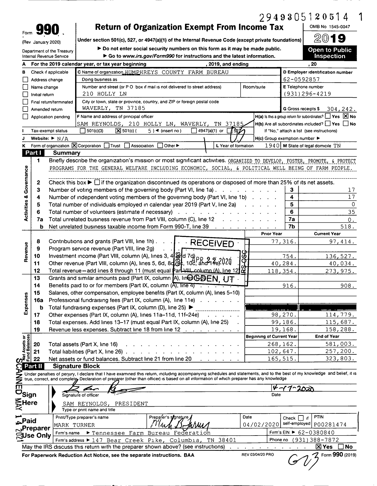 Image of first page of 2019 Form 990O for Humphreys County Farm Bureau