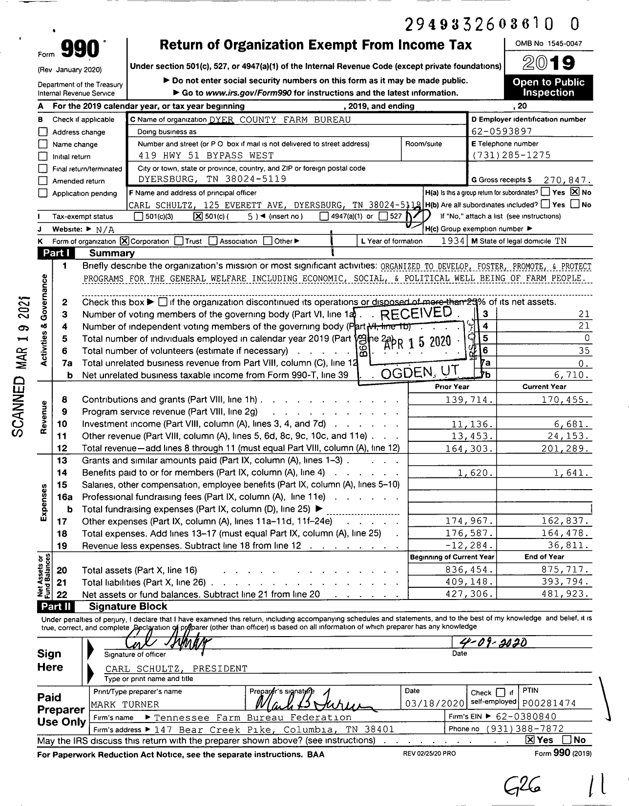 Image of first page of 2019 Form 990 for Dyer County Farm Bureau