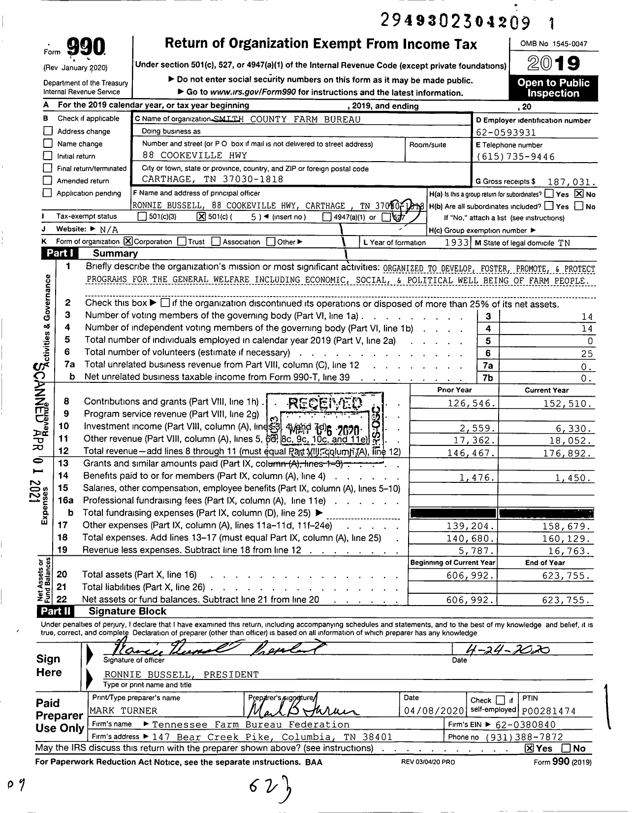 Image of first page of 2019 Form 990 for Smith County Farm Bureau