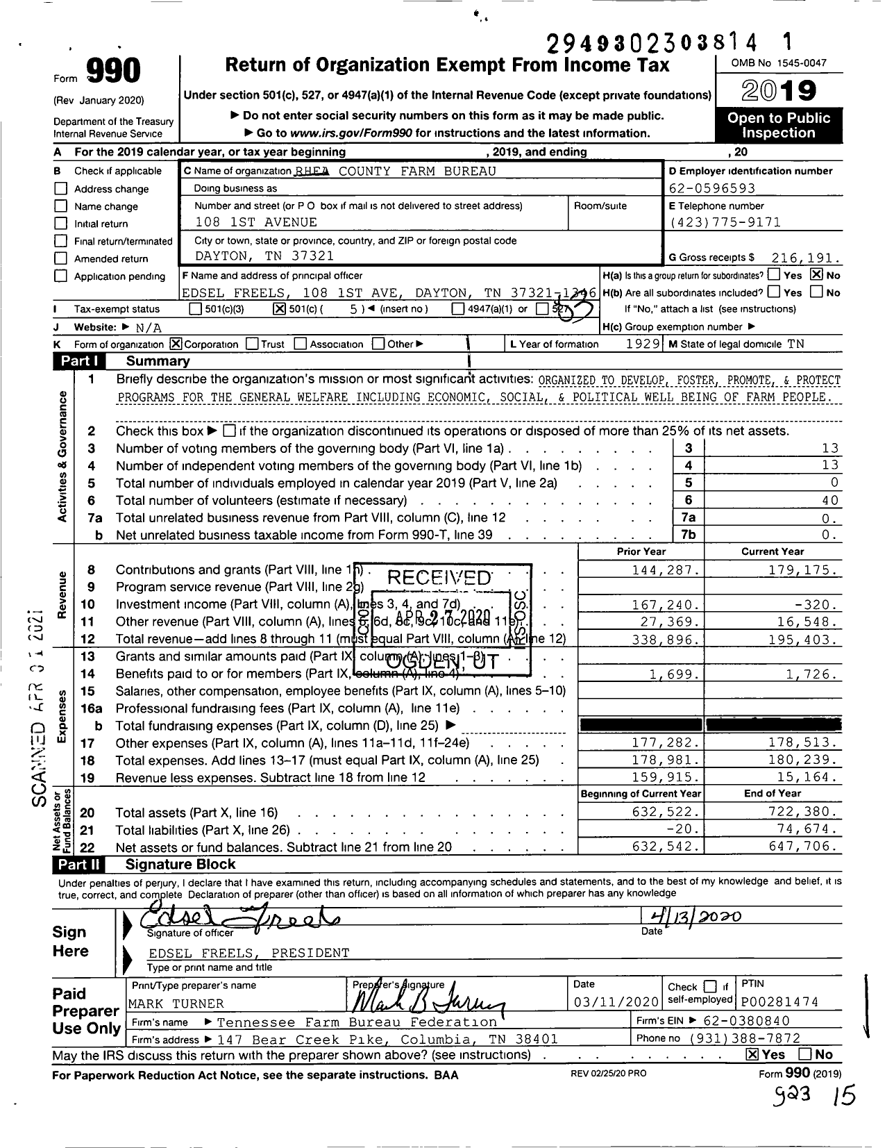 Image of first page of 2019 Form 990 for Rhea County Farm Bureau