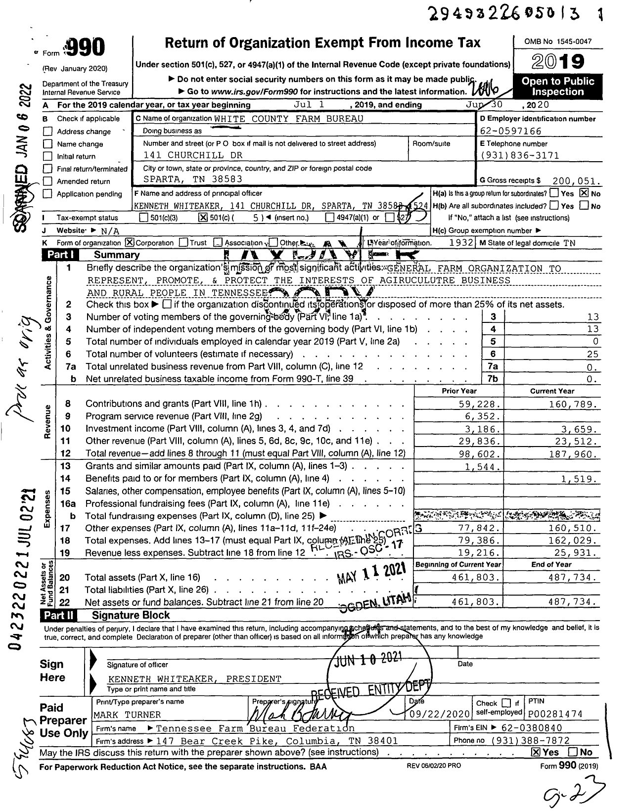 Image of first page of 2019 Form 990O for White County Farm Bureau