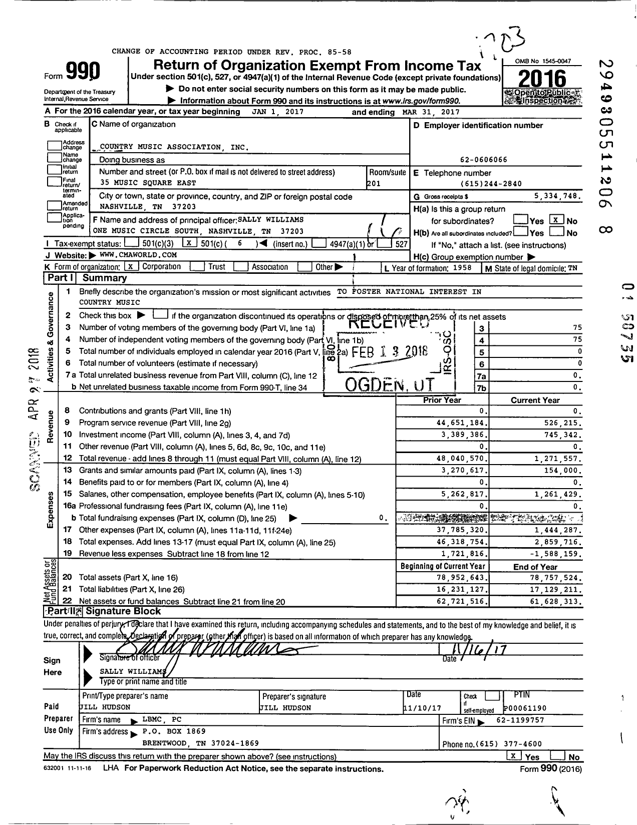 Image of first page of 2016 Form 990O for Country Music Association