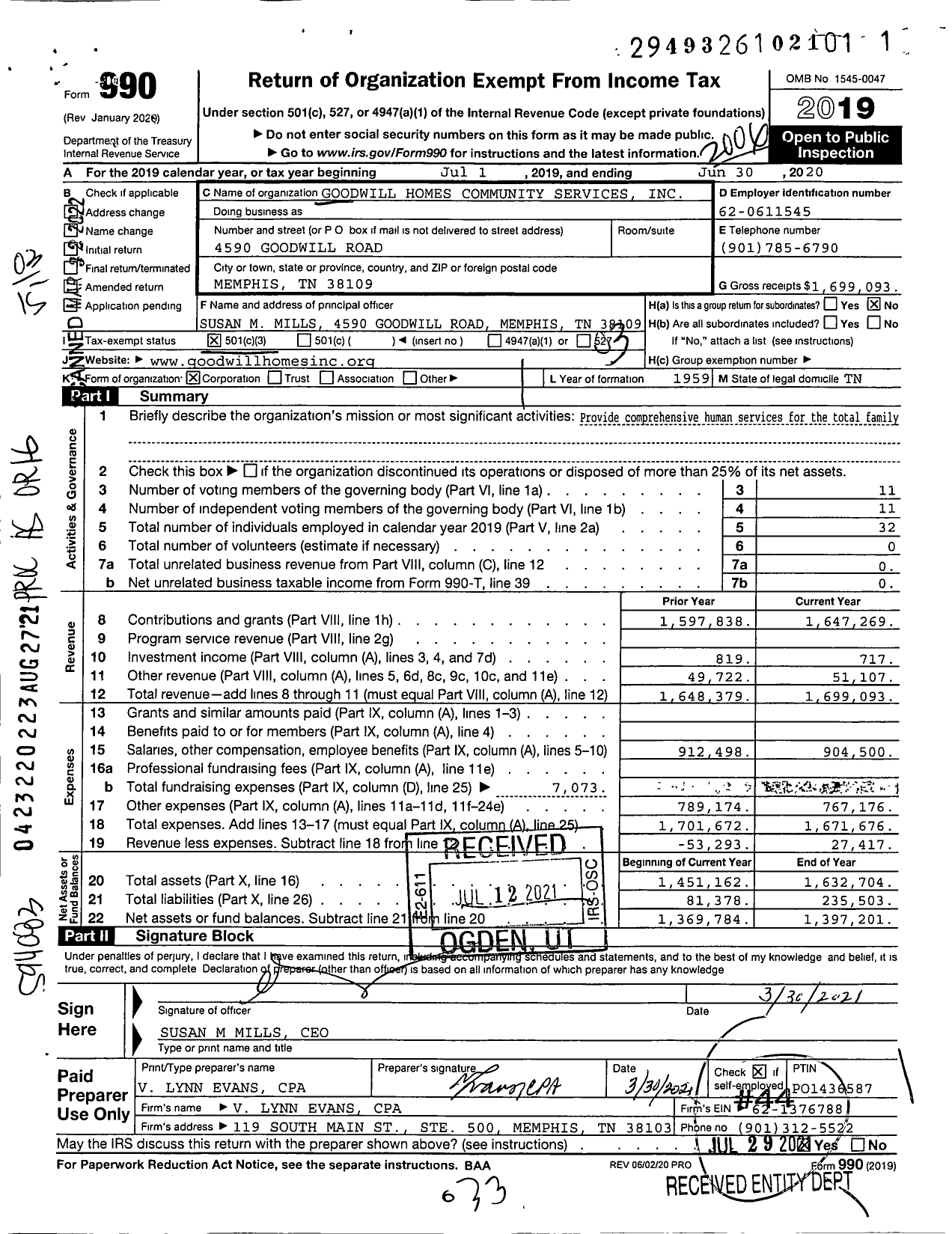 Image of first page of 2019 Form 990 for Goodwill Homes Community Services