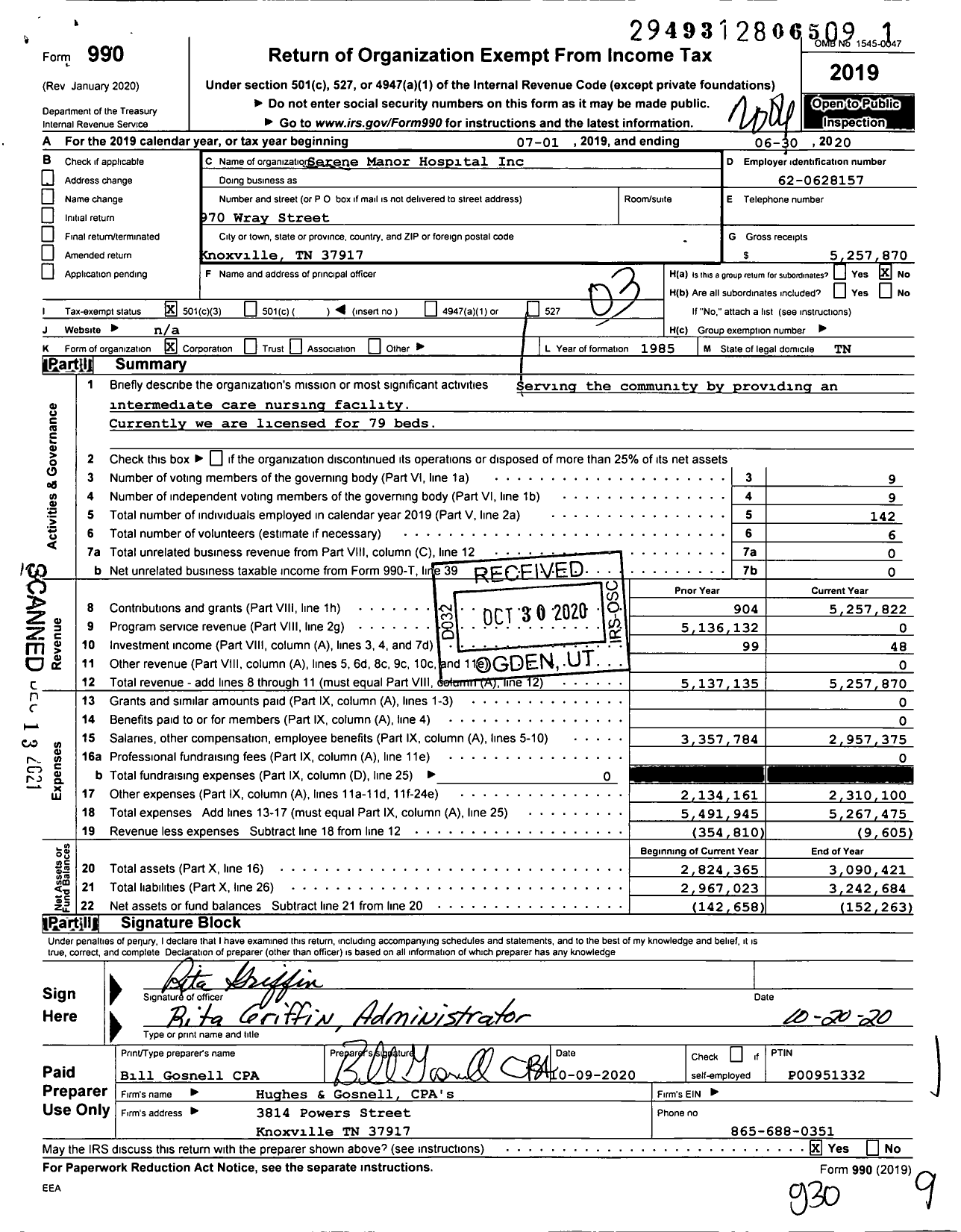 Image of first page of 2019 Form 990 for Serene Manor Hospital
