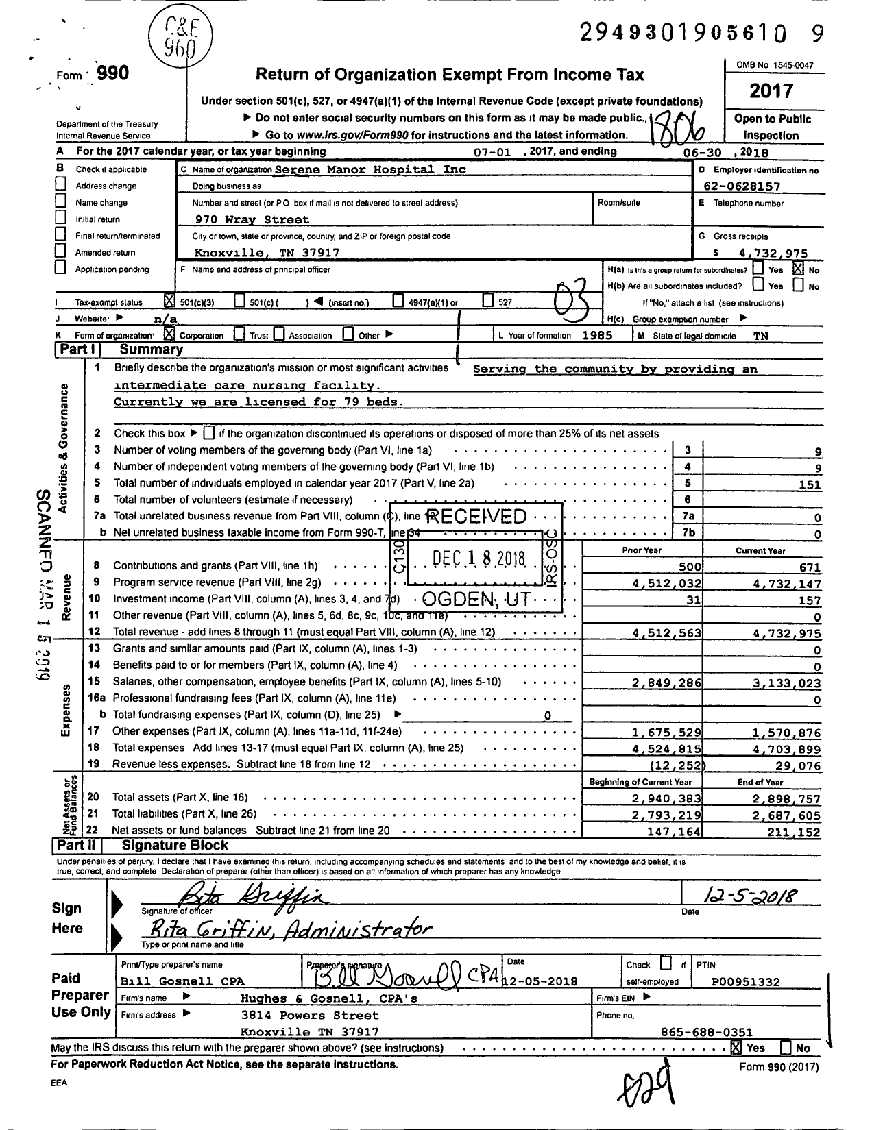 Image of first page of 2017 Form 990 for Serene Manor Hospital