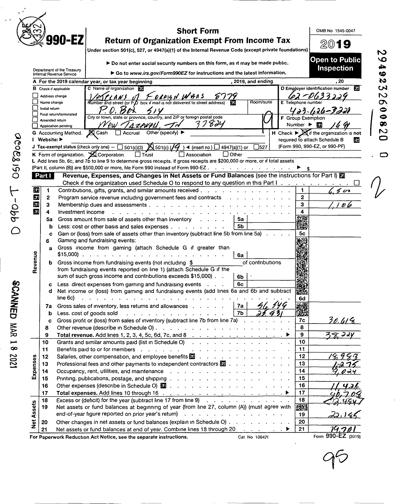 Image of first page of 2019 Form 990EO for Veterans of Foreign Wars of the United States Dept of Tennessee - 8779 Claiborne County Memorial Post