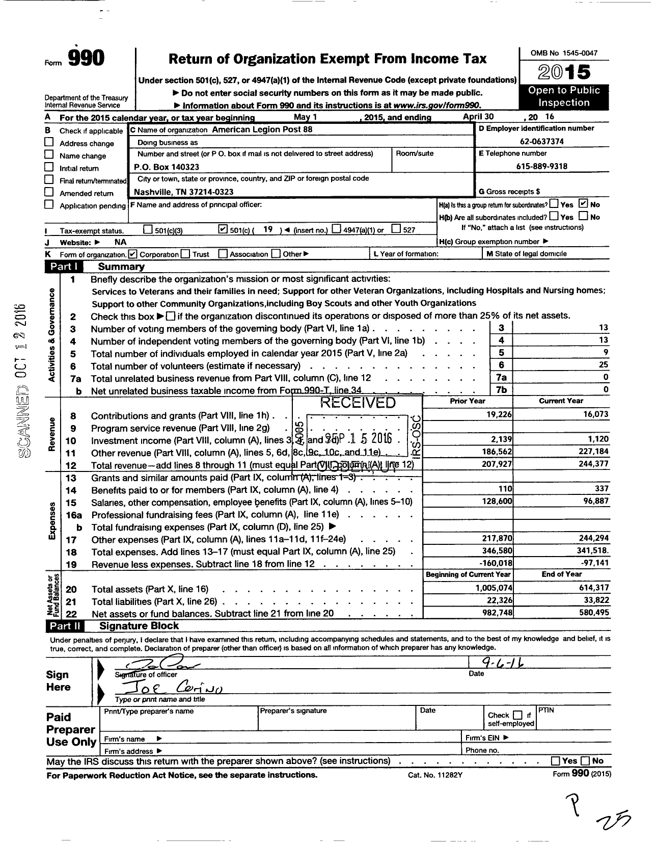 Image of first page of 2015 Form 990O for American Legion Post 88