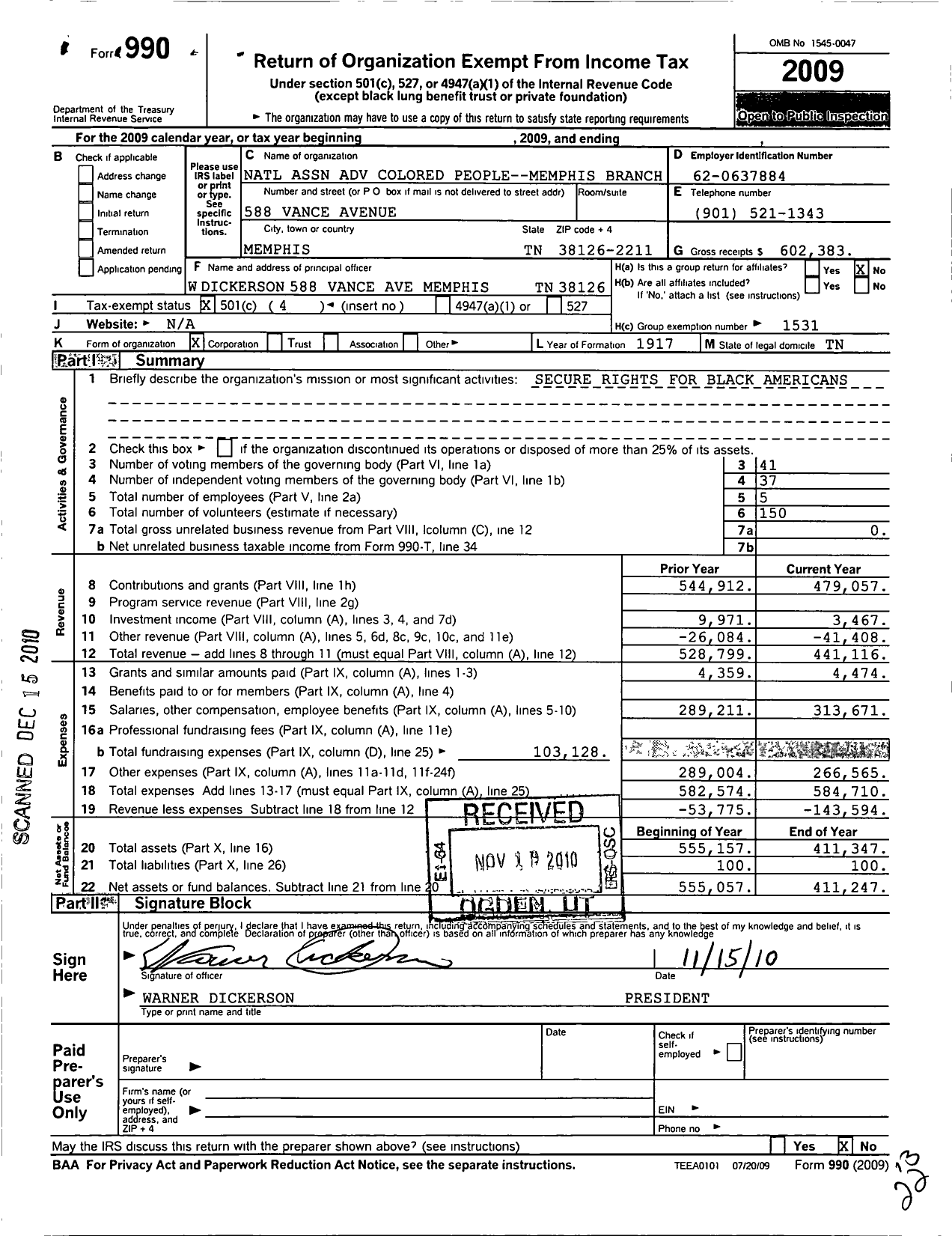 Image of first page of 2009 Form 990O for National Association for the Advancement of Colored People - 5603 Memphis Branch Naacp