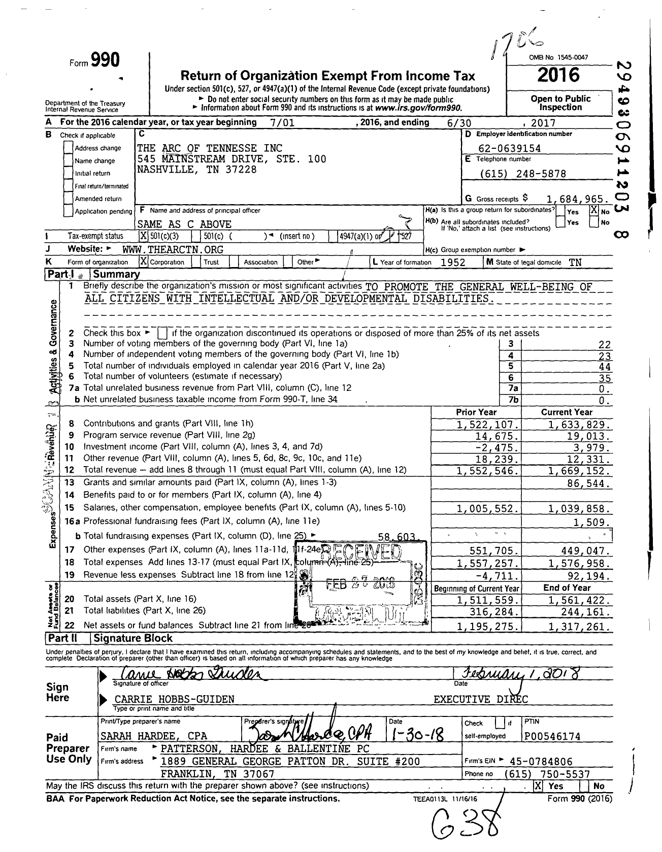 Image of first page of 2016 Form 990 for The Arc of Tennesse