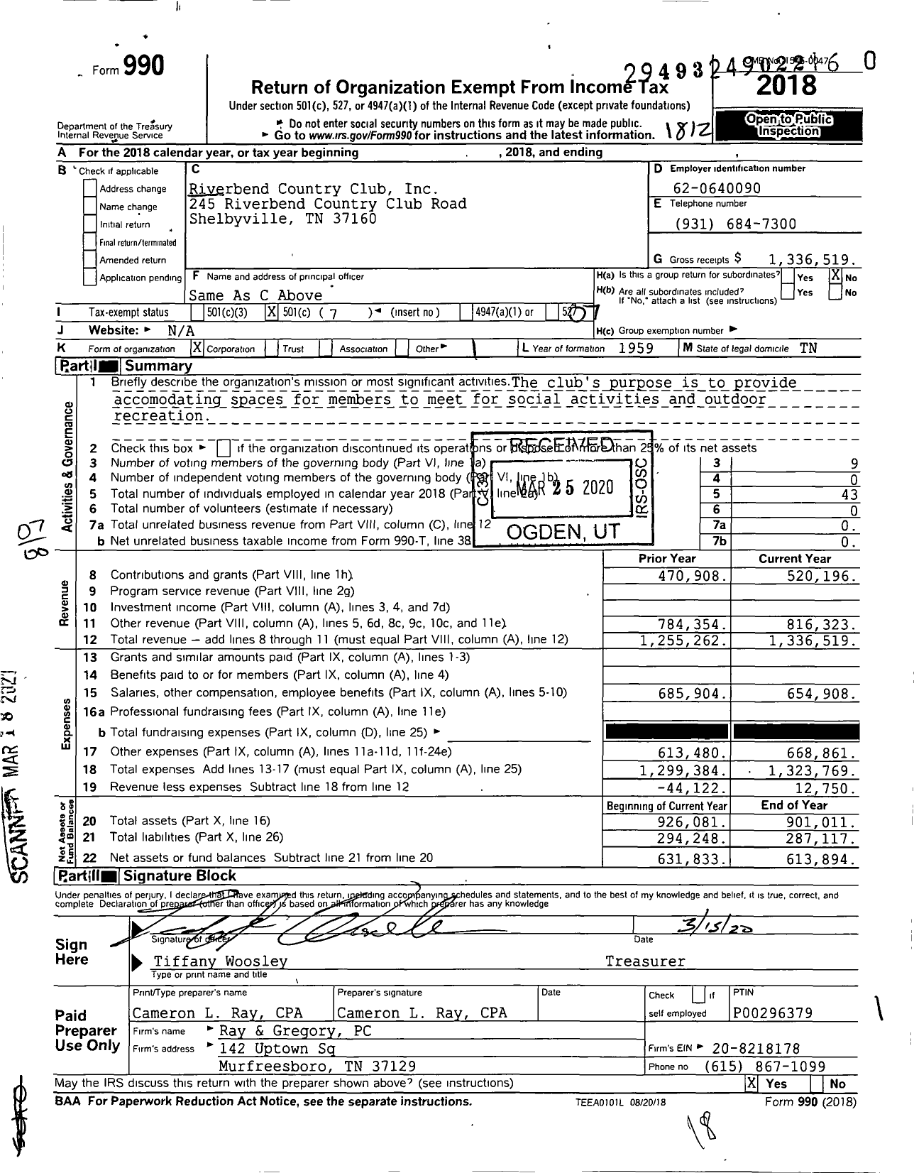 Image of first page of 2018 Form 990O for Riverbend Country Club