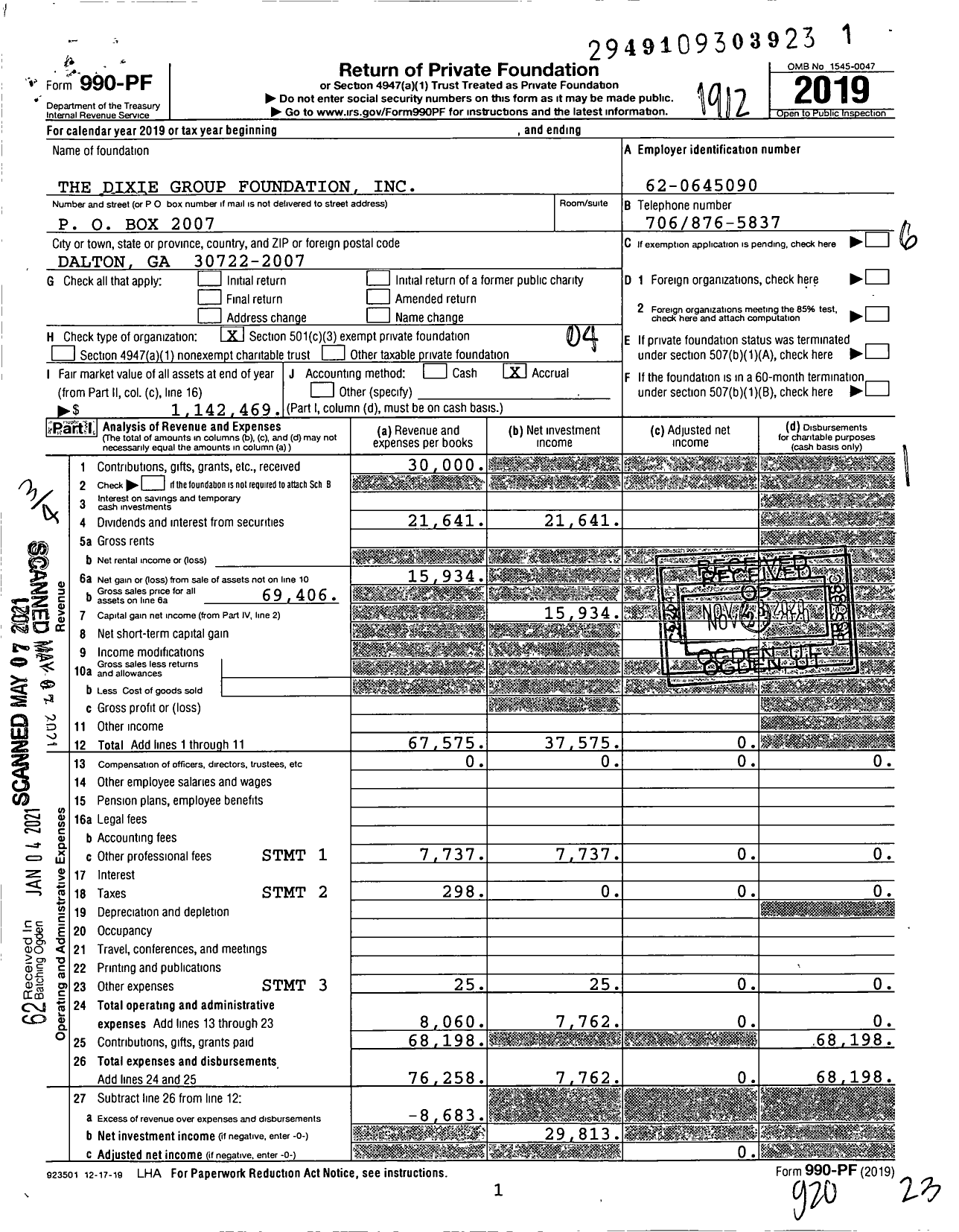 Image of first page of 2019 Form 990PF for The Dixie Group Foundation