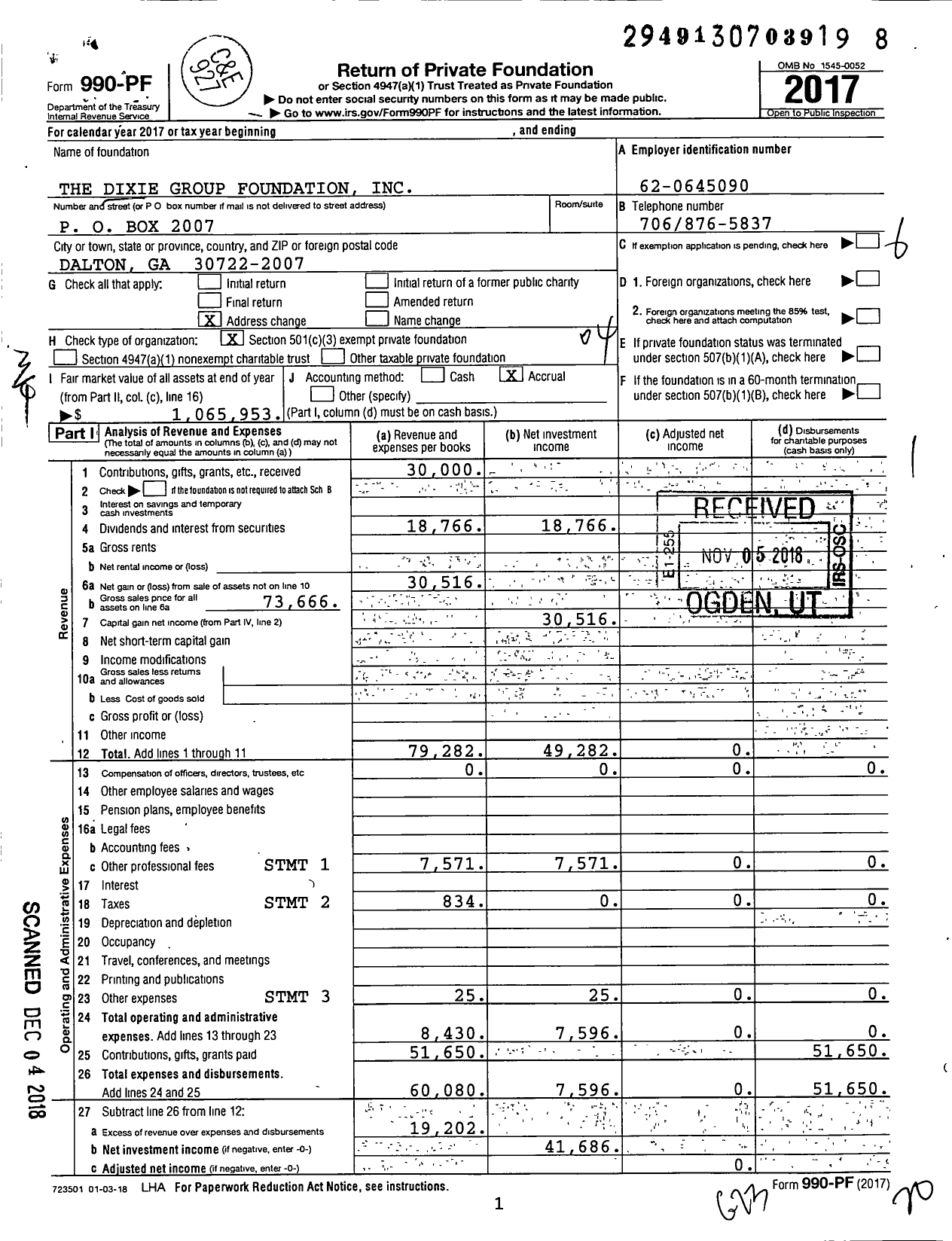Image of first page of 2017 Form 990PF for The Dixie Group Foundation