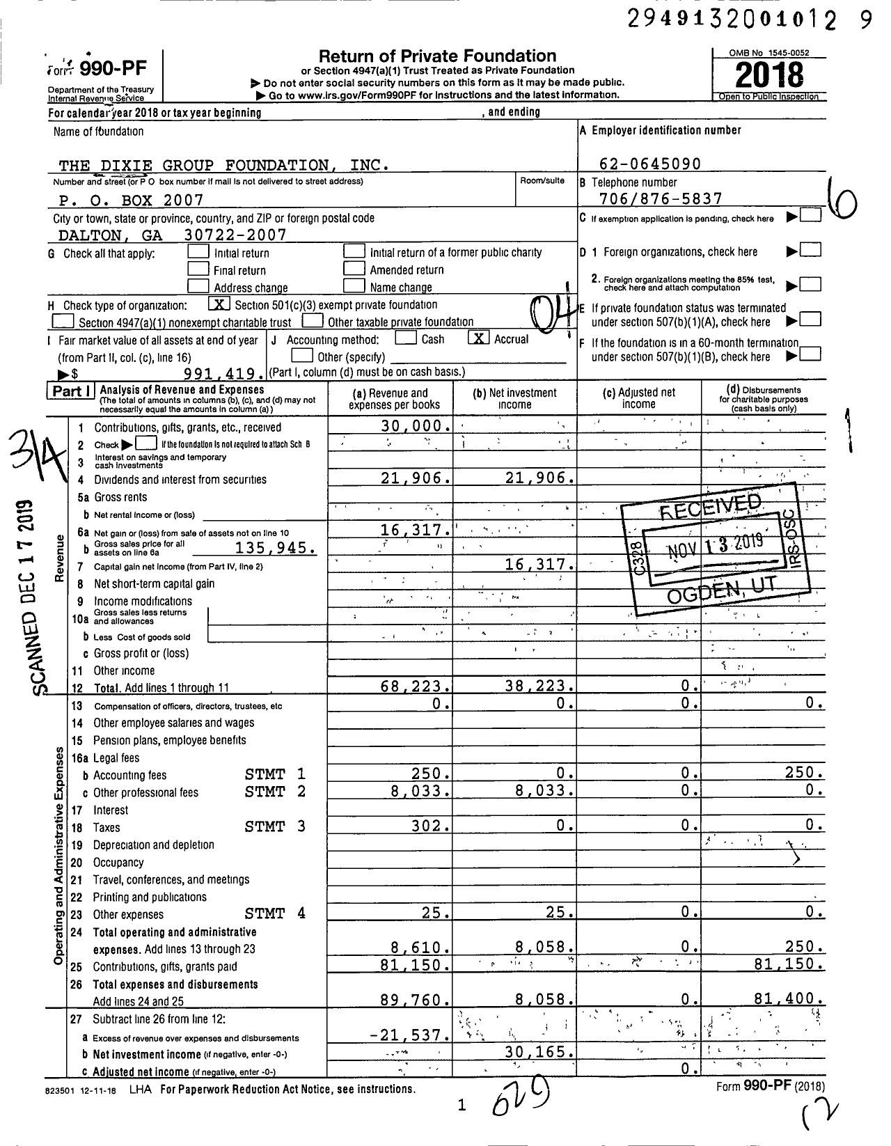 Image of first page of 2018 Form 990PF for The Dixie Group Foundation