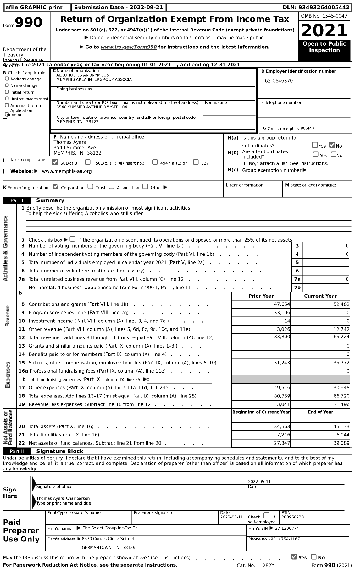 Image of first page of 2021 Form 990 for Memphis Area Intergroup Association (MAIA)