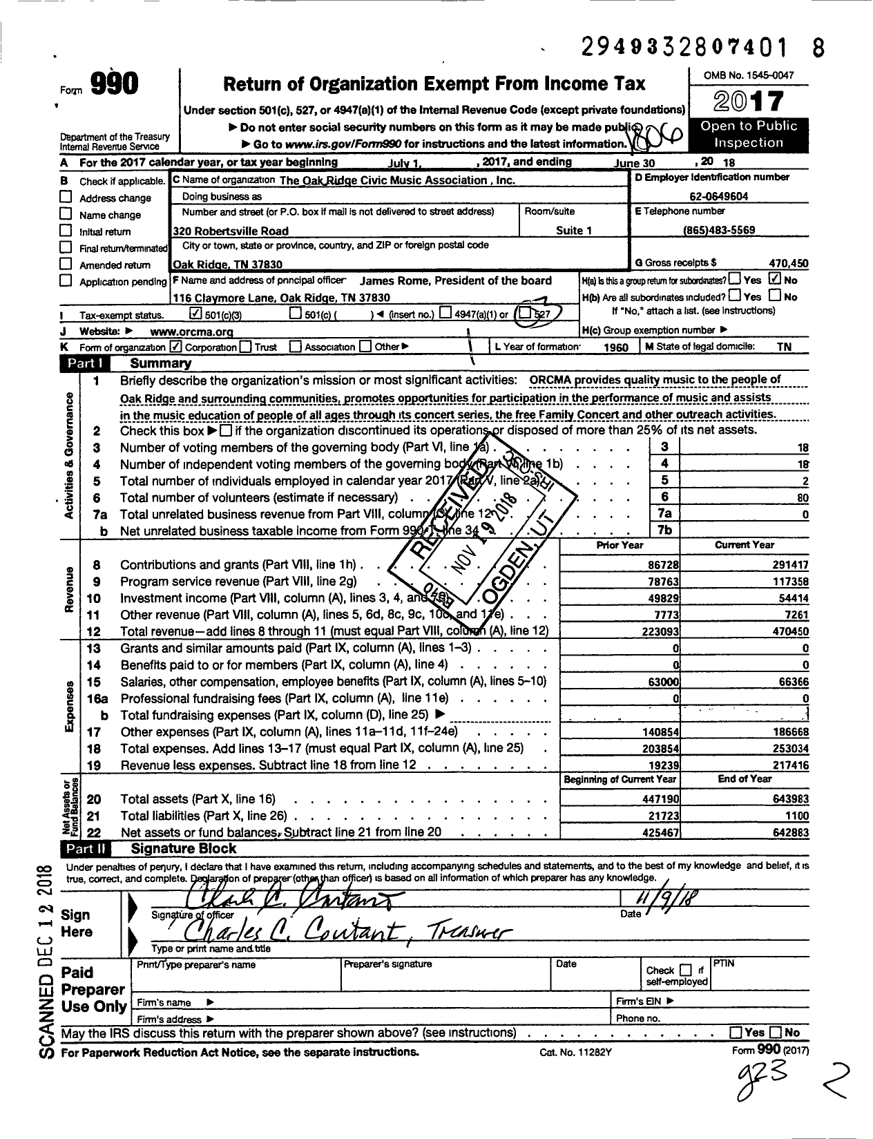 Image of first page of 2017 Form 990 for The Oak Ridge Civic Music AssociationInc