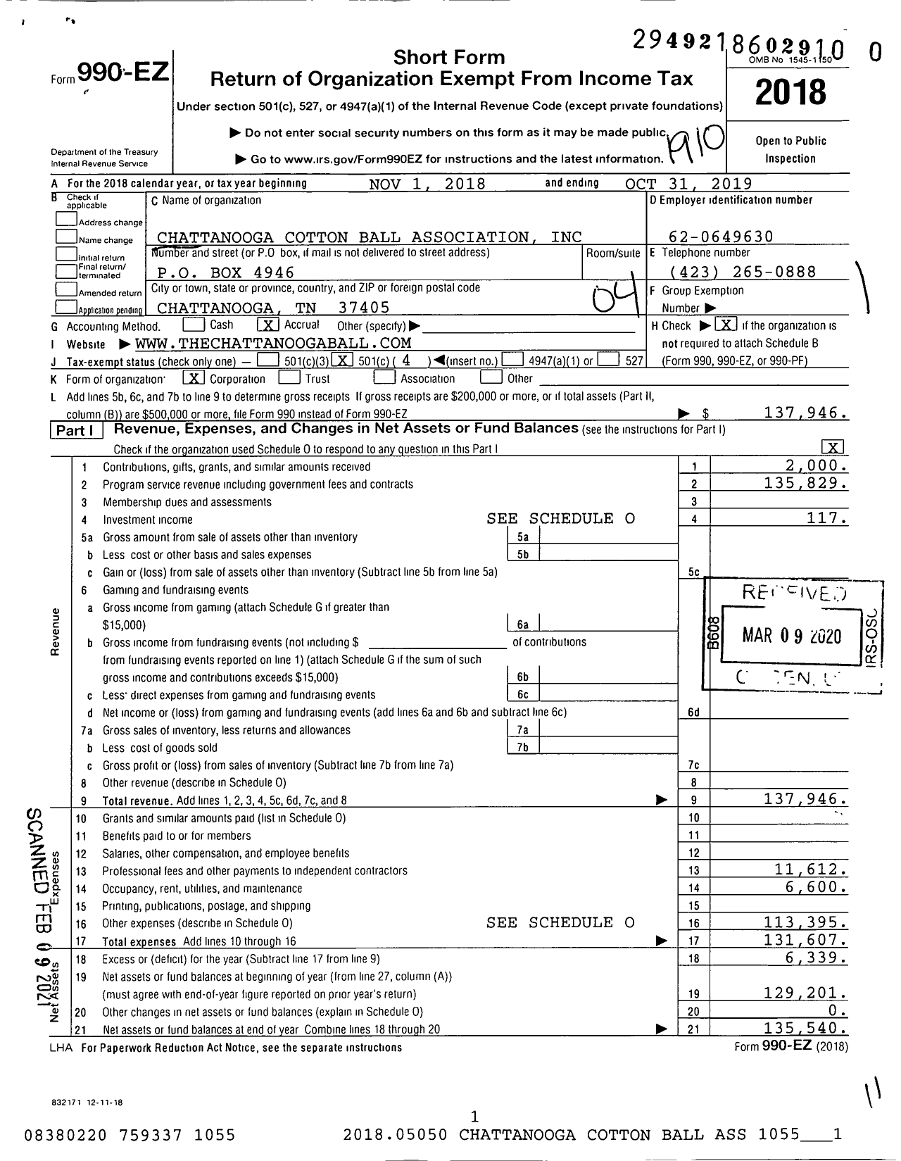 Image of first page of 2018 Form 990EO for Chattanooga Ball Association