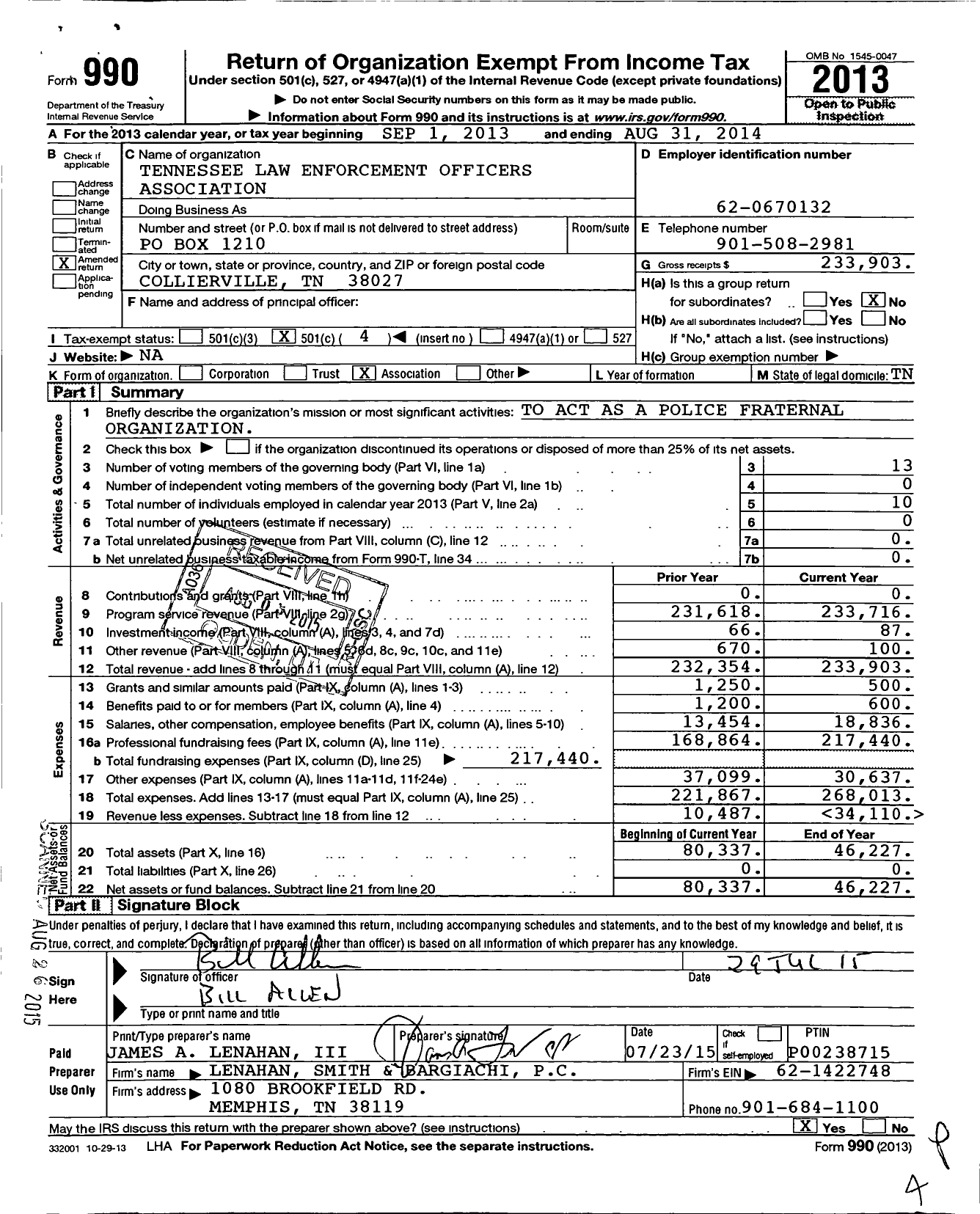 Image of first page of 2013 Form 990O for Tennessee Law Enforcement Officers Association