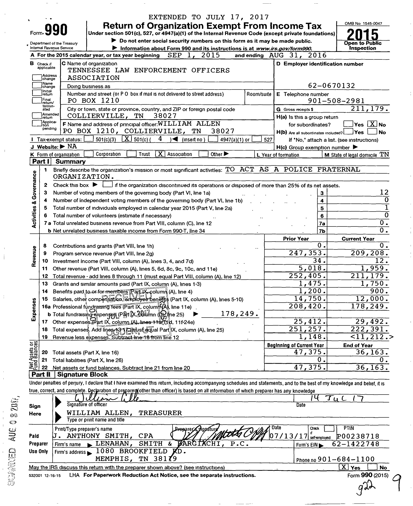 Image of first page of 2015 Form 990O for Tennessee Law Enforcement Officers Association