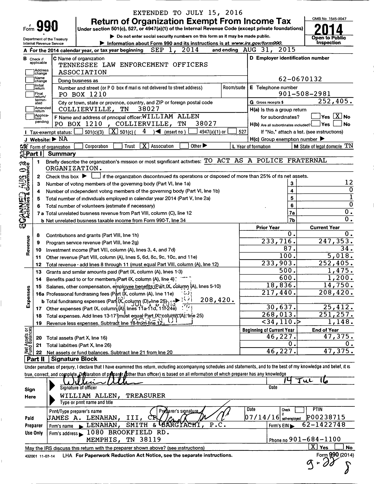 Image of first page of 2014 Form 990O for Tennessee Law Enforcement Officers Association