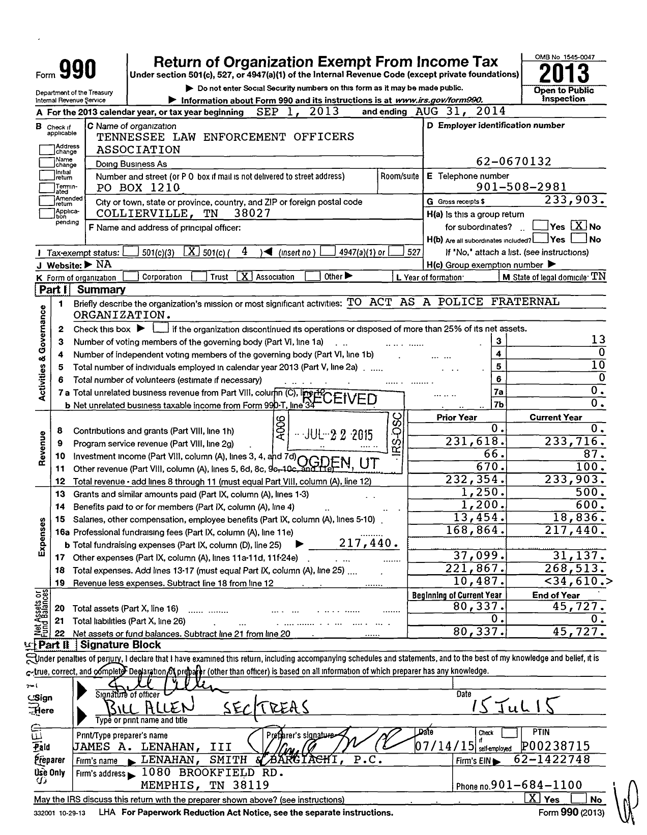 Image of first page of 2013 Form 990O for Tennessee Law Enforcement Officers Association